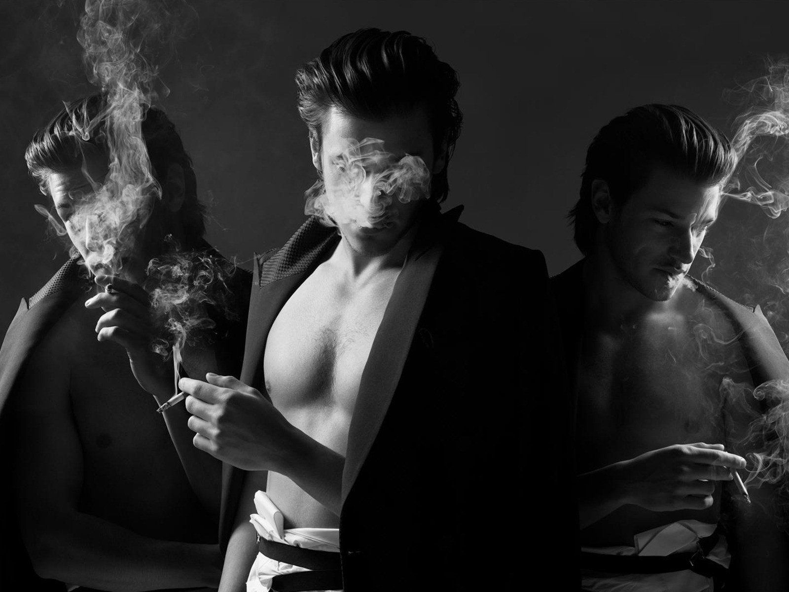 Smoke men open shirt monochrome actors cigarettes Gaspard Ulliel wallpaperx1200