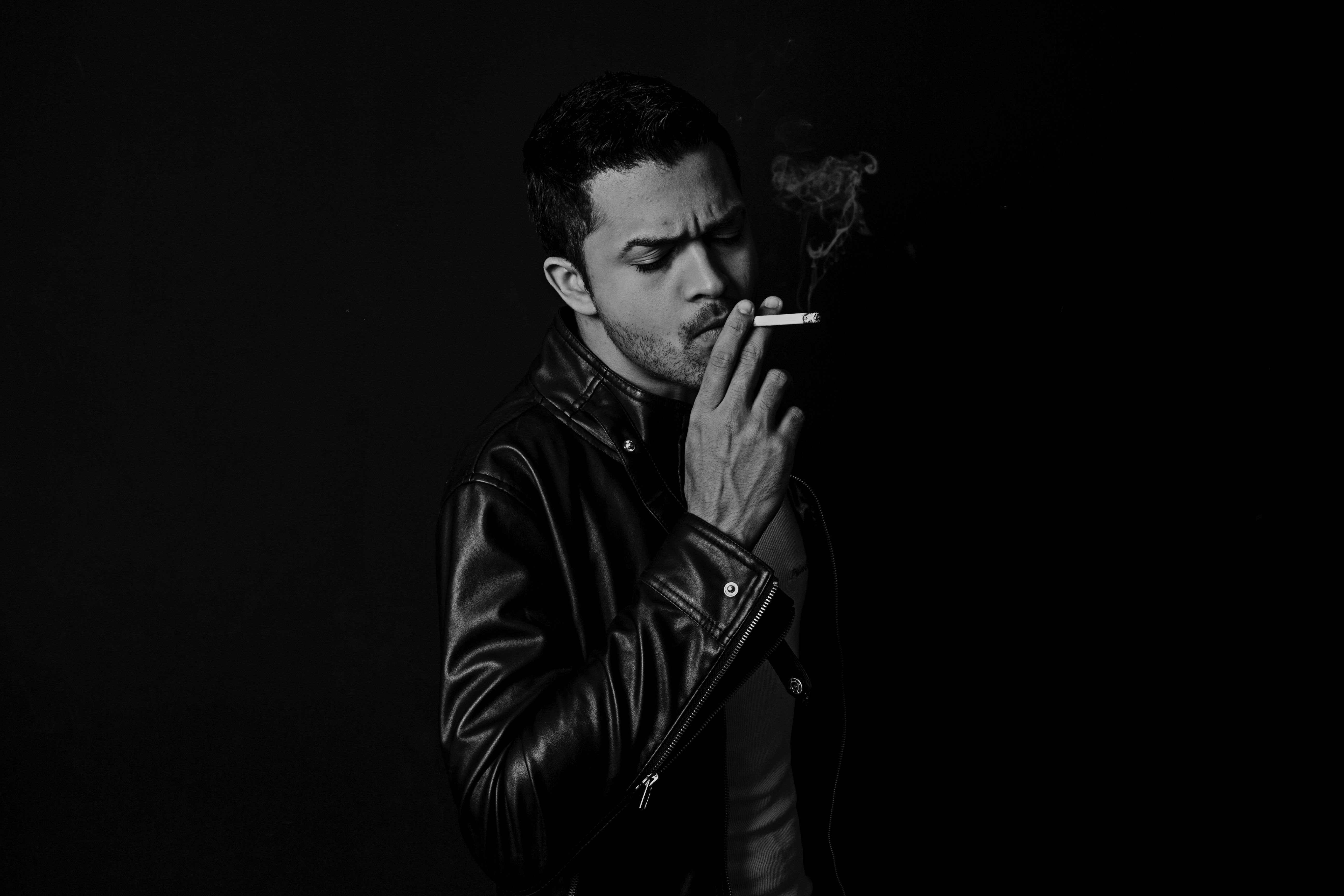 5184x3456 #black and white, #smoke, #beard, #smoking, #dark, #white, #leather, #cig, #person, #holding, #jacket, #guy, #cigarette, #face, #man, #male, #standing, #hand, #whisker, #Free image, #black. Mocah.org HD Wallpaper