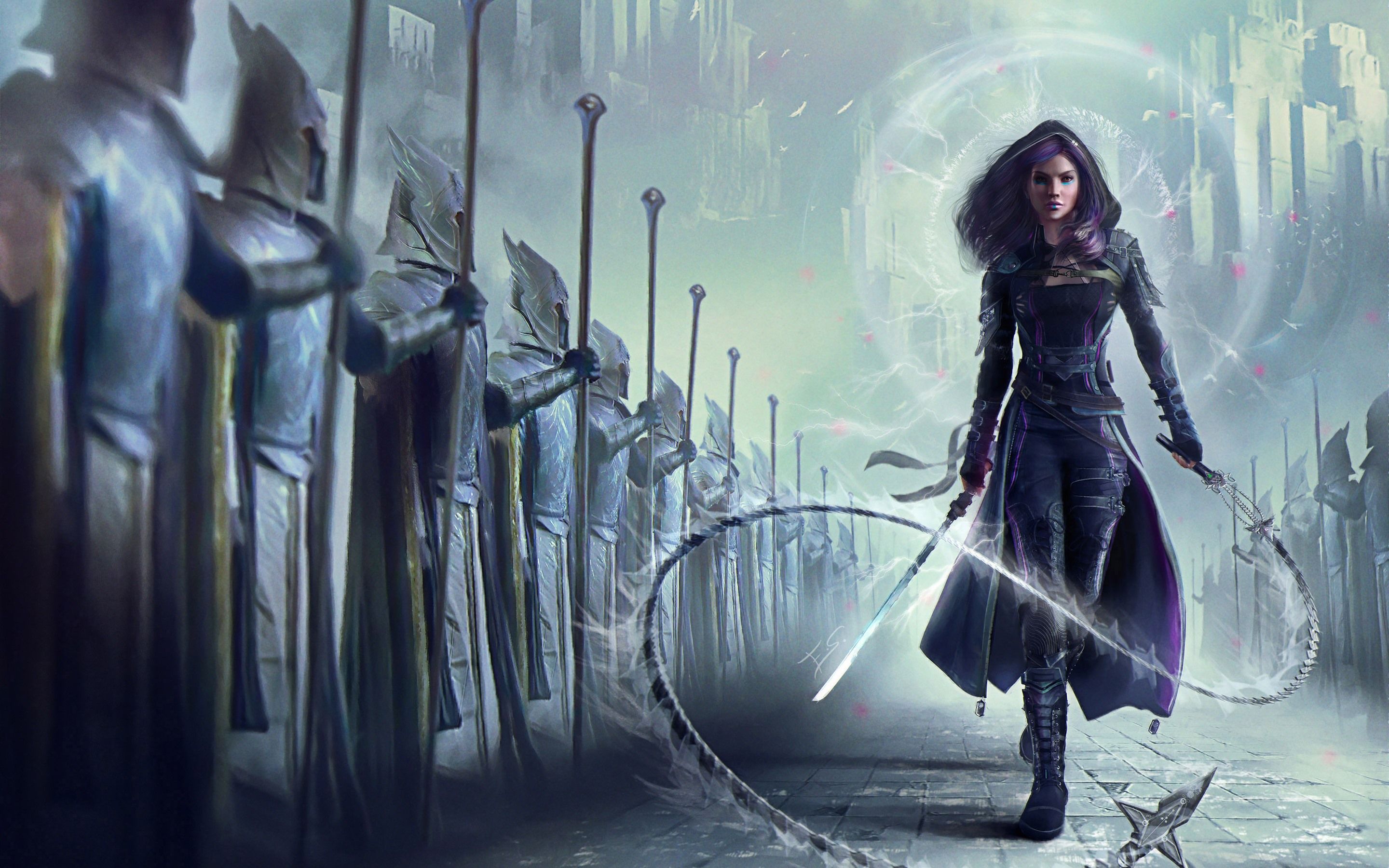 Wallpaper Purple hair fantasy girl, sword, whip 2880x1800 HD Picture, Image
