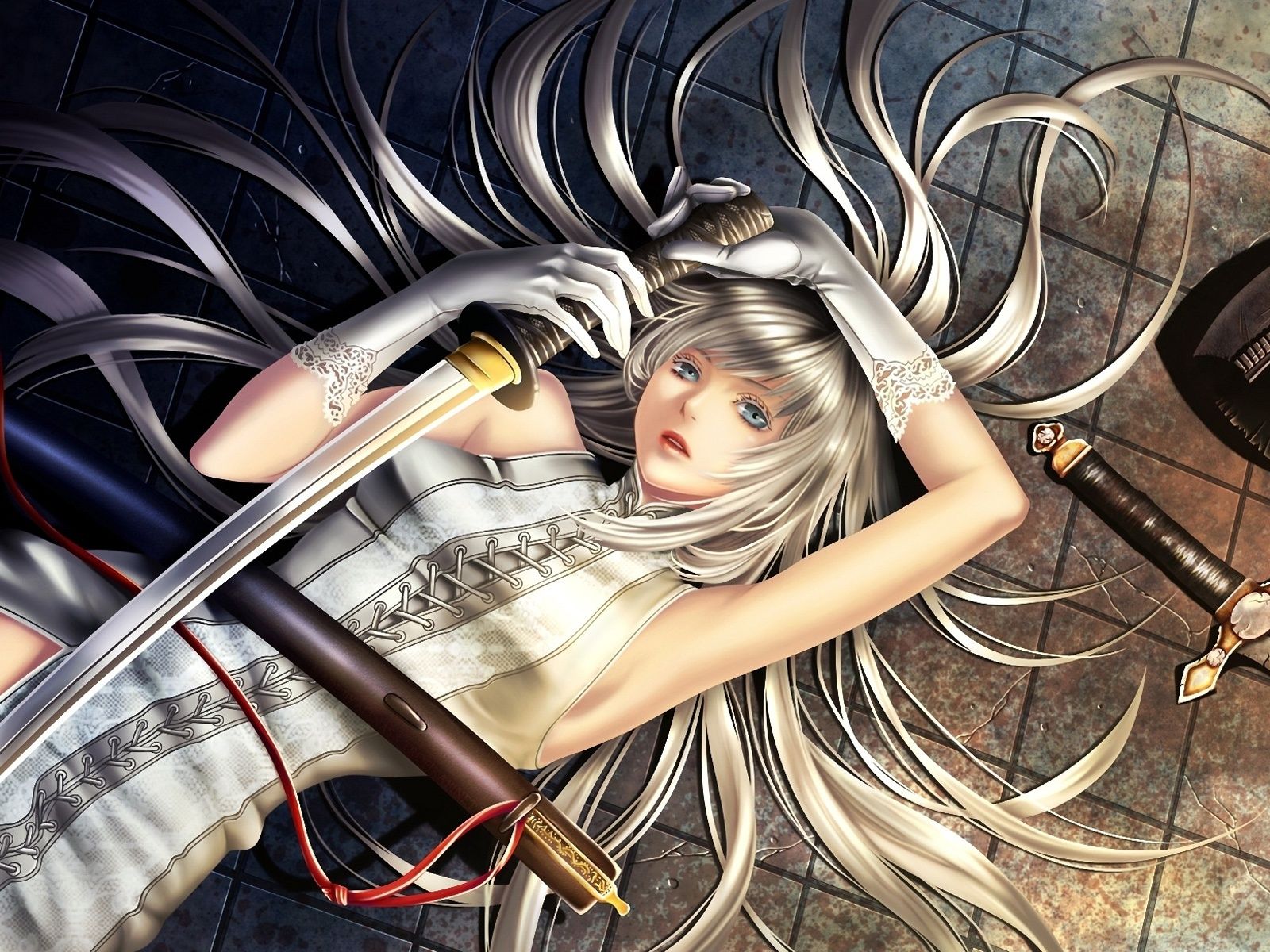 Wallpaper White Haired Anime Girl Lying On The Ground, Holding A Sword 1920x1200 HD Picture, Image