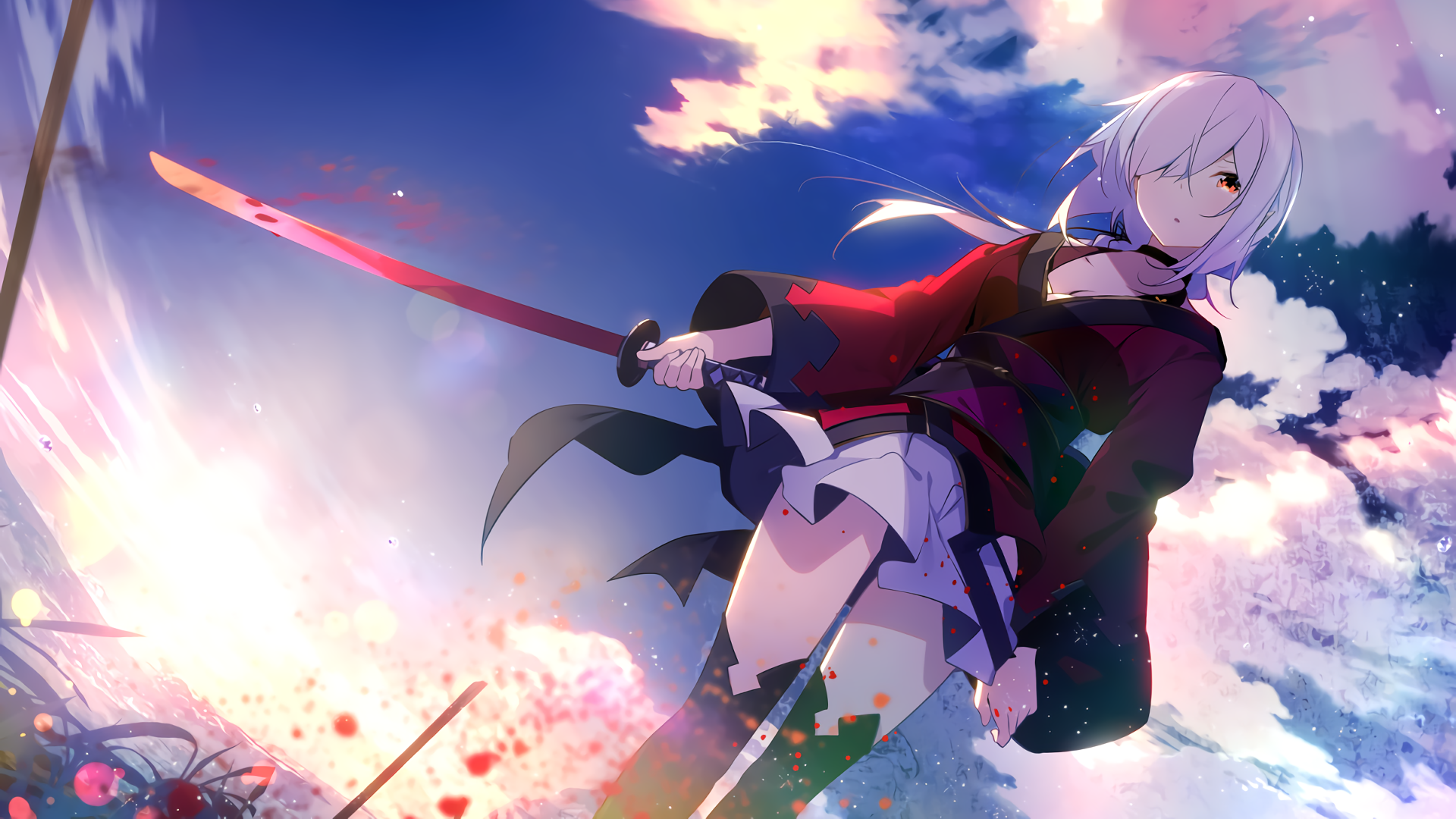 #katana, #sun rays, #girls with swords, #clouds, #white
