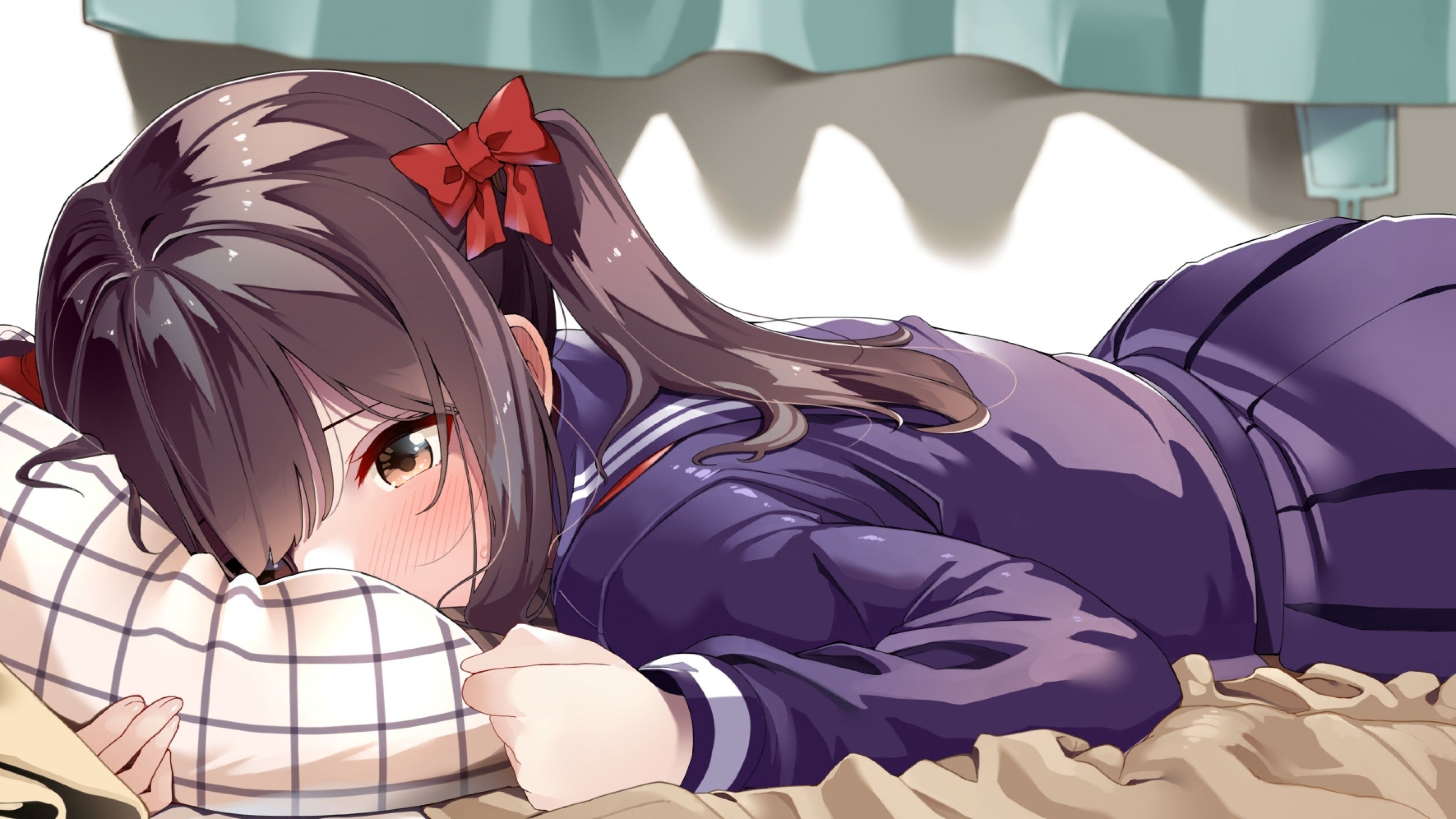 Download 3840x2160 Anime Girl, Lying Down, Shy Expression, Brown