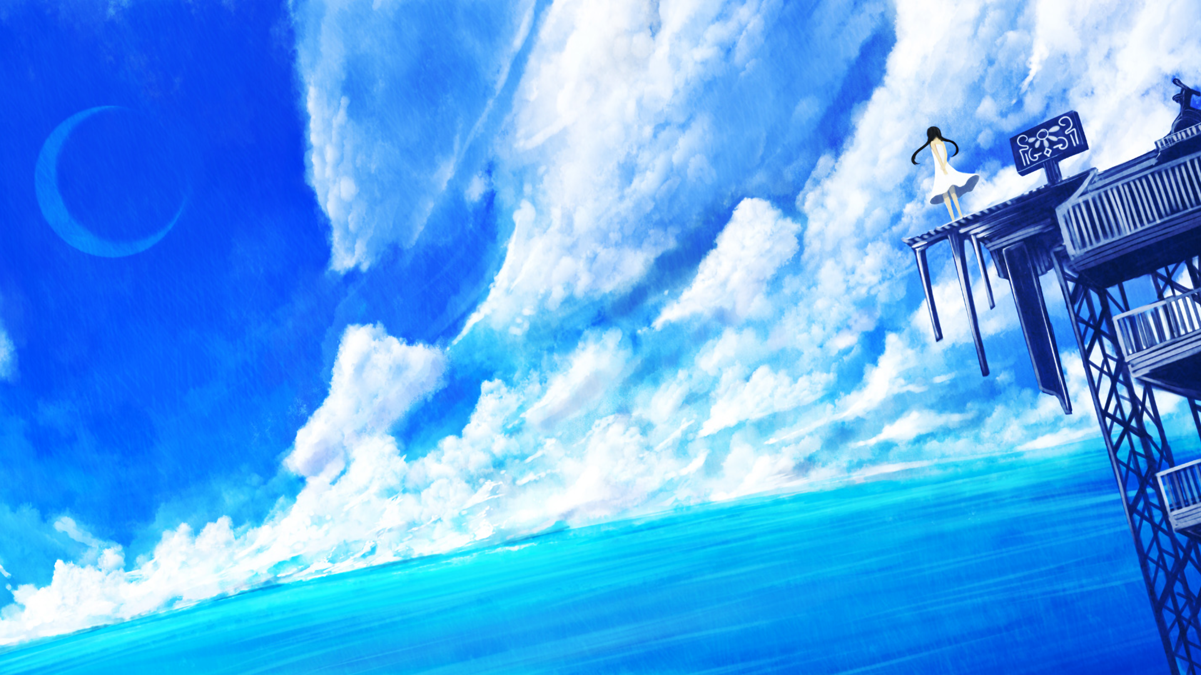 Download 3840x2160 Anime Landscape, Anime Girl, Clouds, Ocean