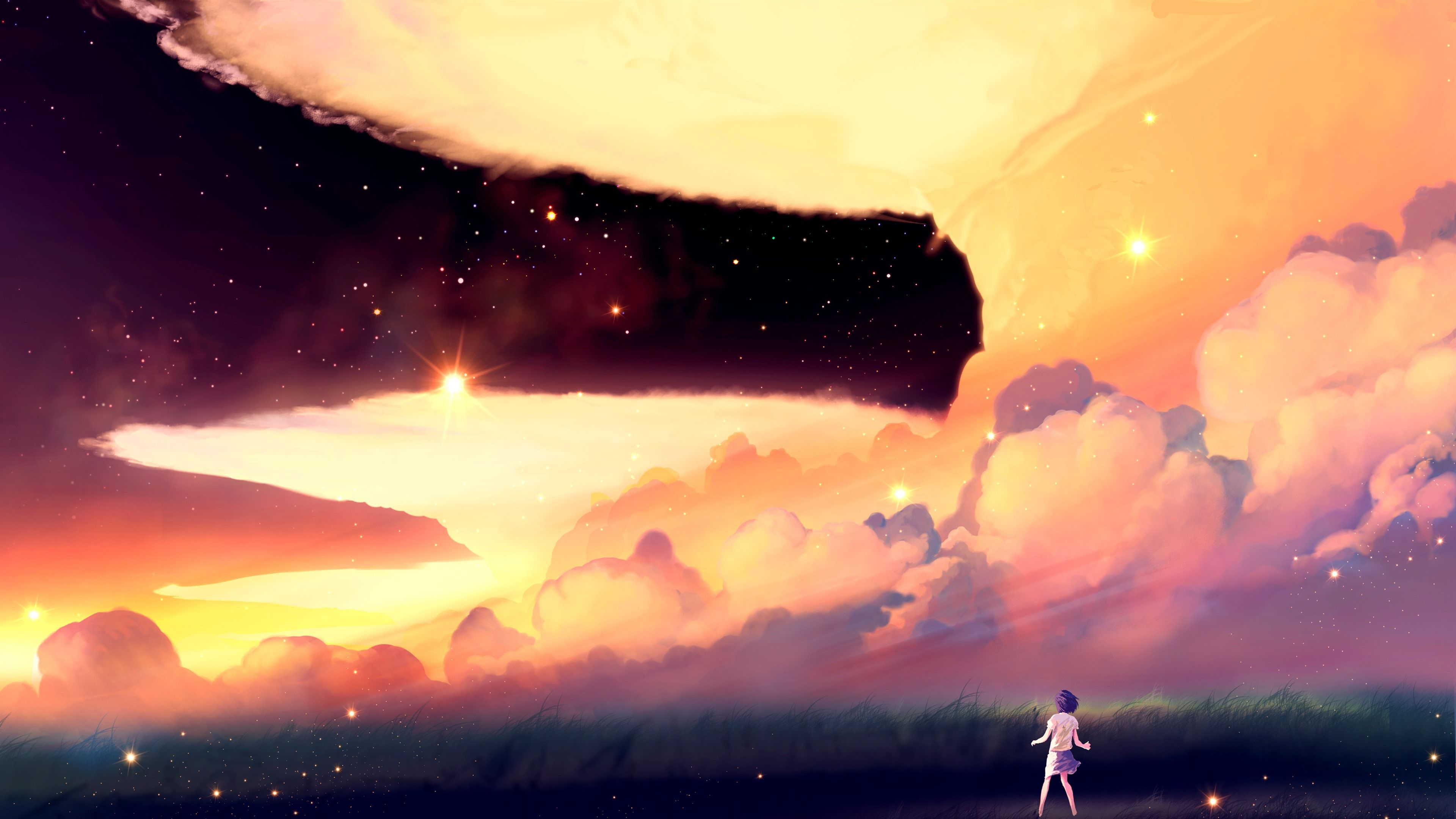 Wallpaper Anime girl, grass, clouds, starry 3840x2160 UHD 4K