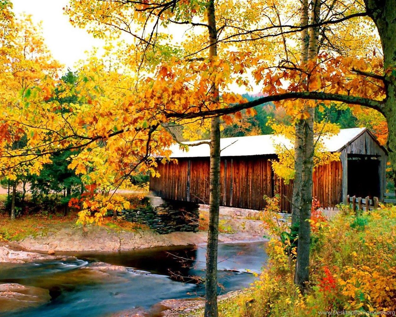 Covered Bridge Over The Rushing River Wallpaper Desktop Background