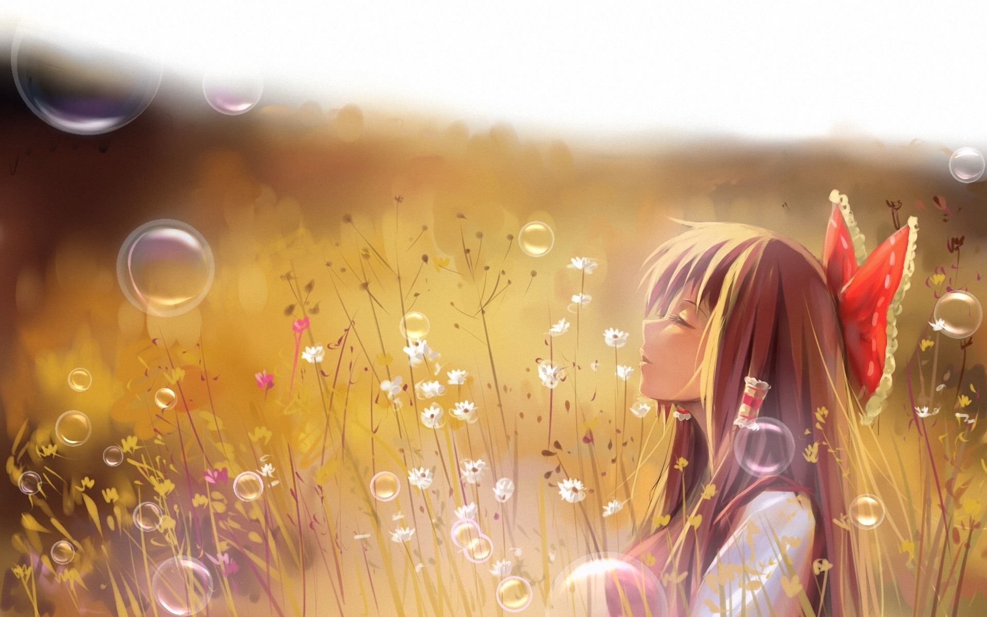 Wallpaper Anime girl, bubbles, flowers, bushes 1920x1200 HD