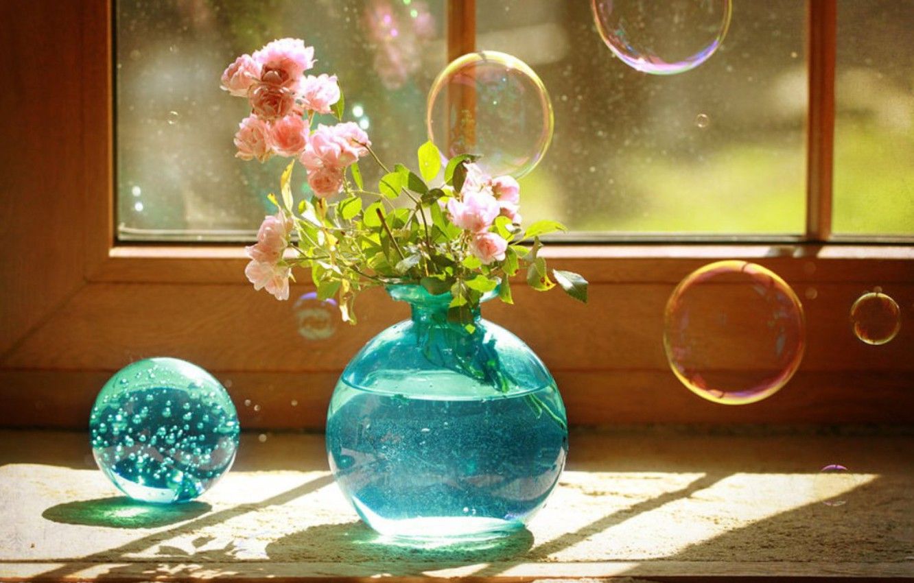Wallpaper bubbles, blue, still life, vase, roses image