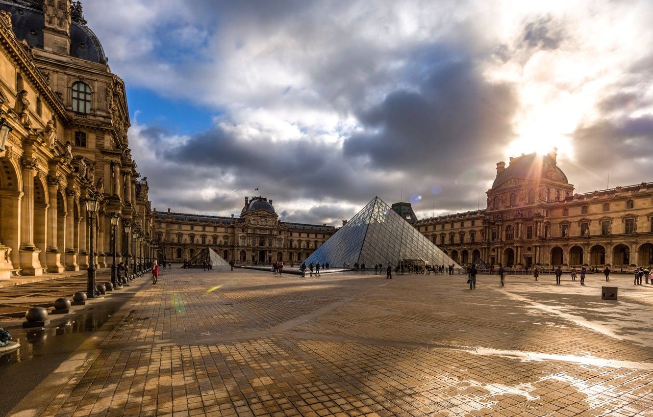 Wallpaper the sky, clouds, France, Paris, The Louvre, yard, lights