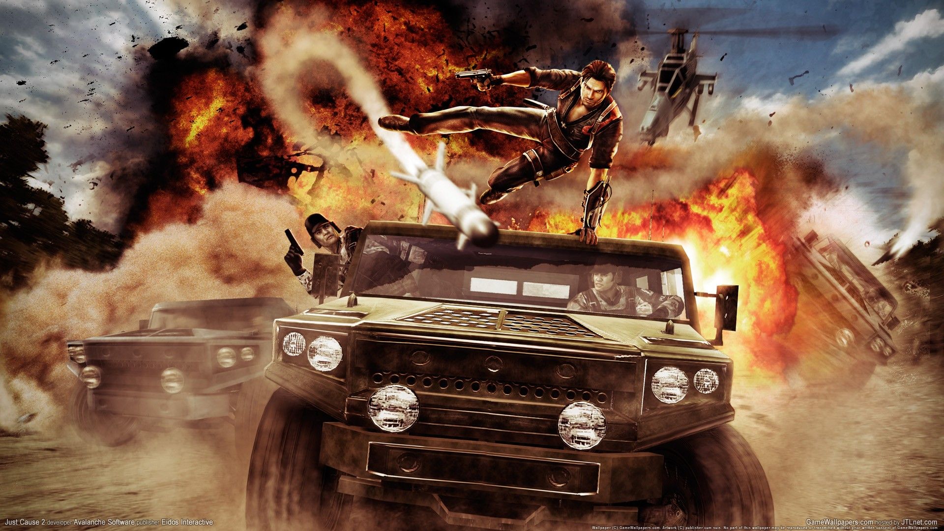 video games, war, cars, fire, men, crash, Just Cause II wallpaper
