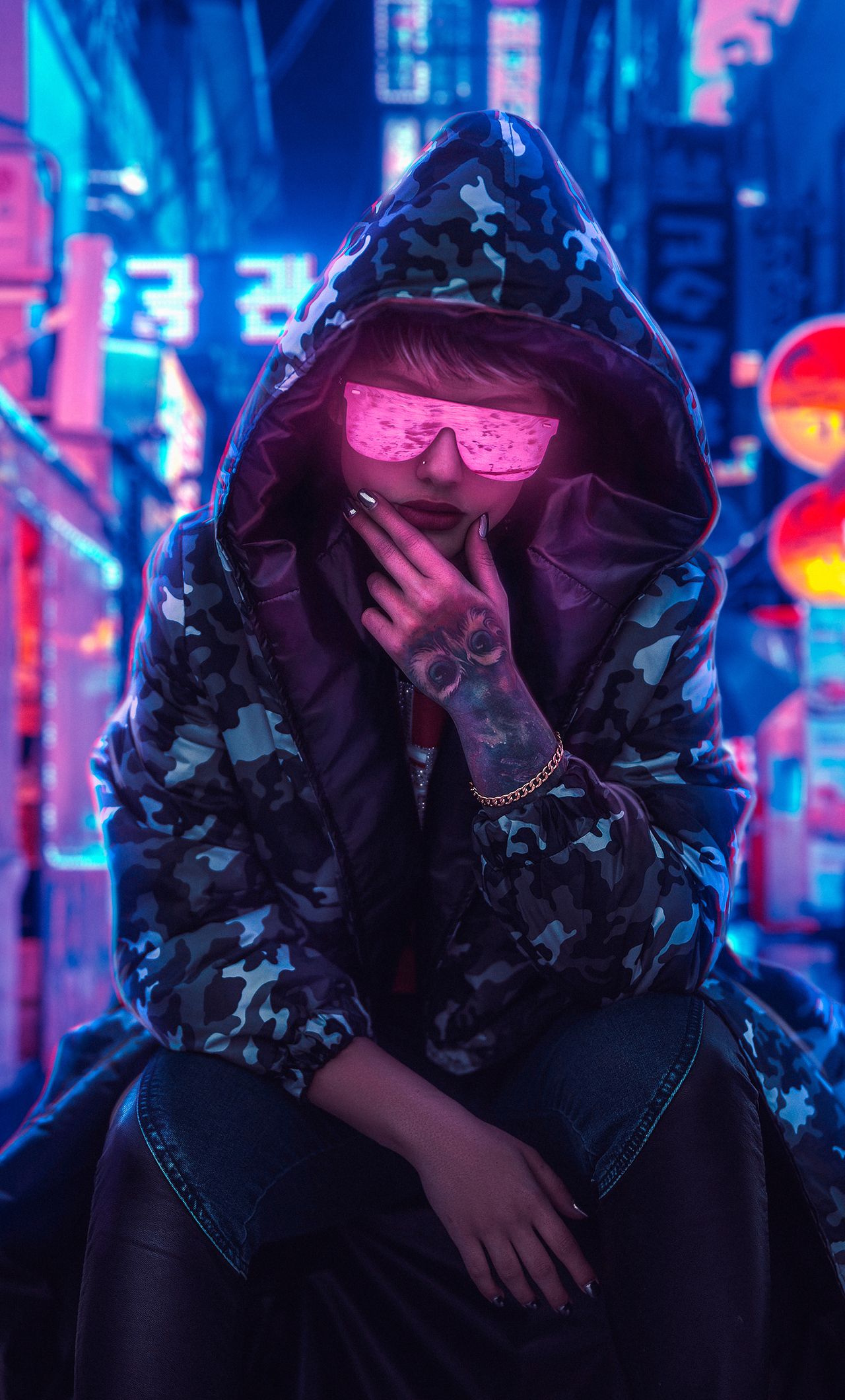 Neon Glasses Girl Wearing Hoodie iPhone HD 4k Wallpaper, Image, Background, Photo and Picture