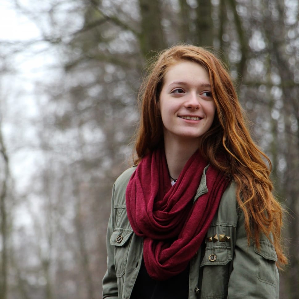 woman wearing red scarf and gray jacket free image
