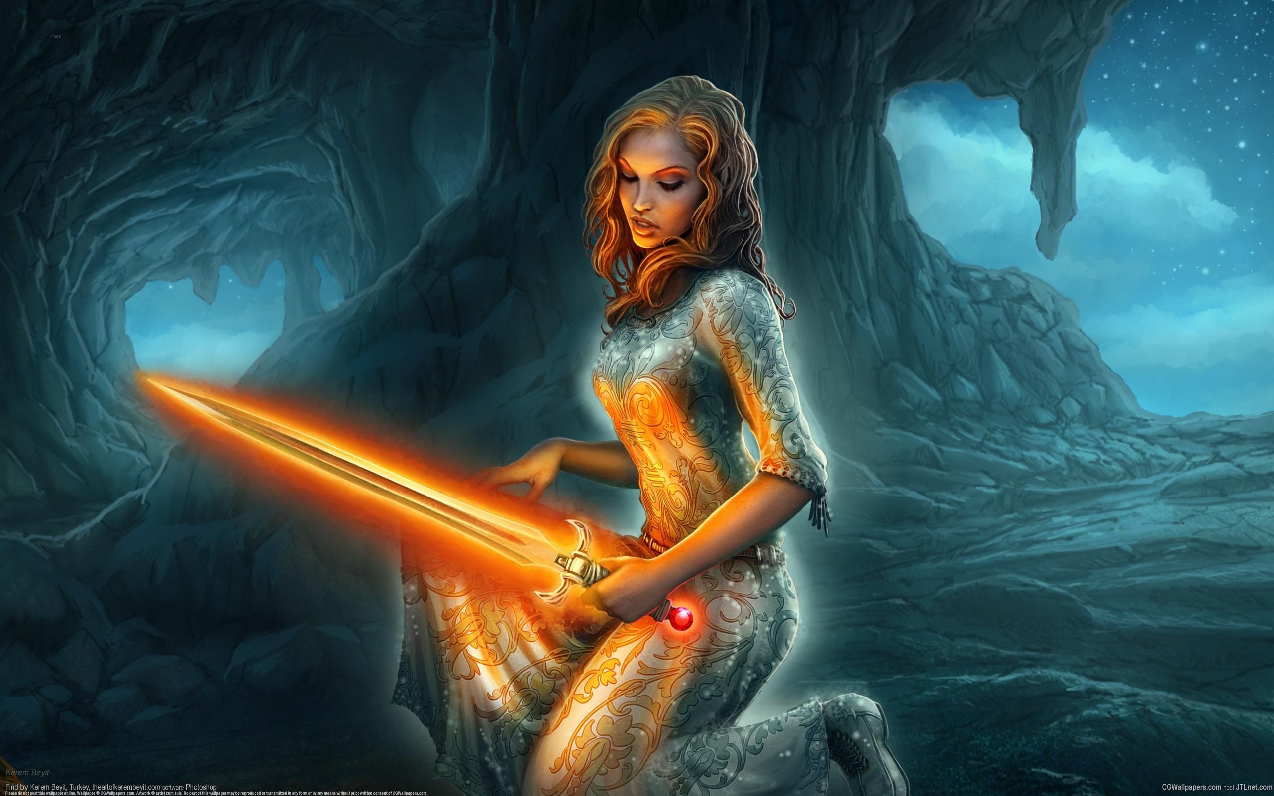 Wallpaper Holding a orange lightsaber fantasy girl 2560x1600 HD