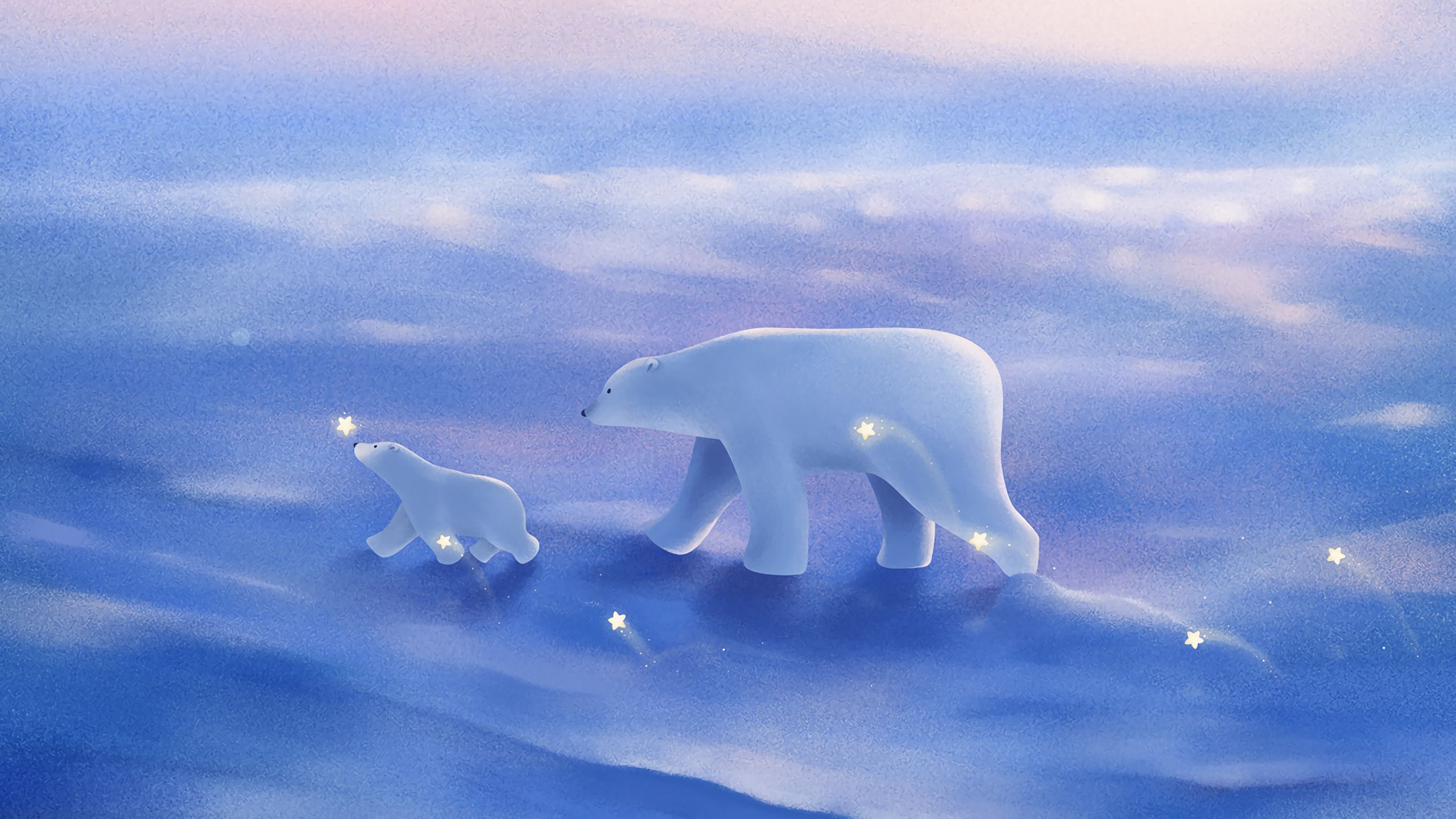 Download wallpaper 2560x1440 polar bears, family, cub, art, walk widescreen 16:9 HD background