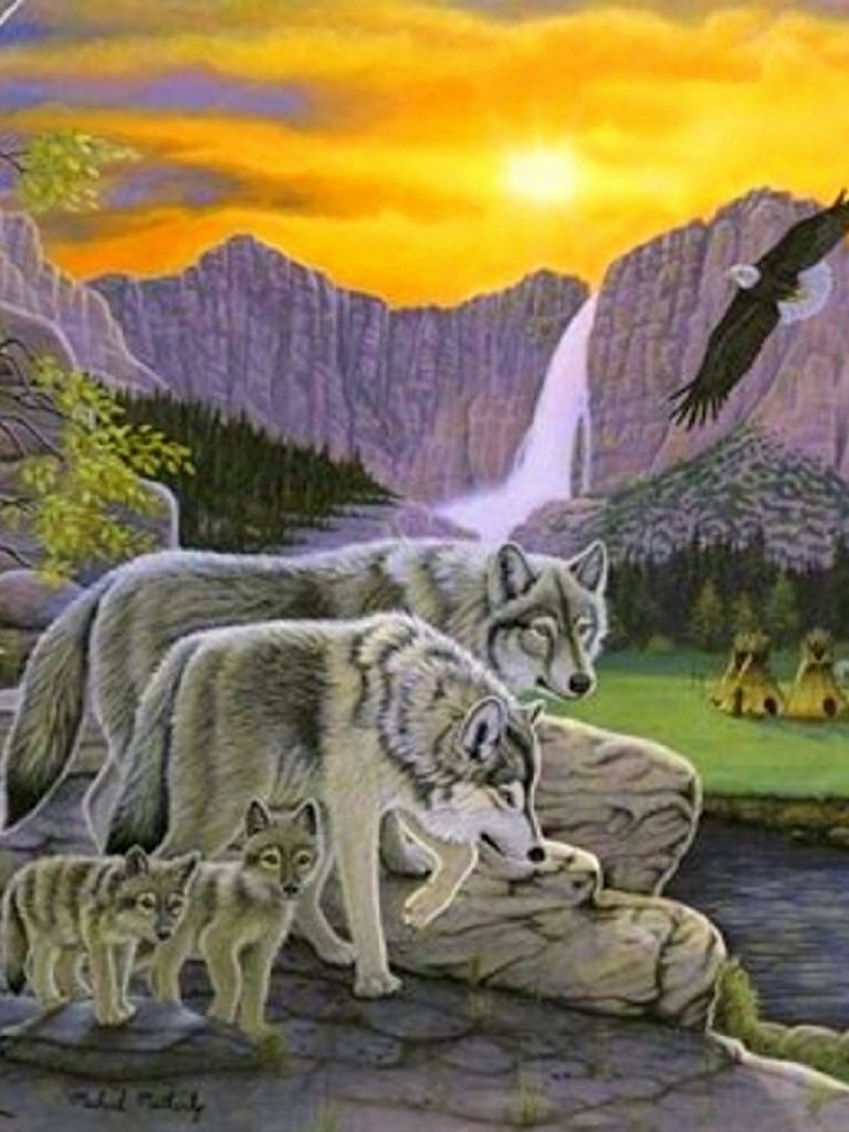 Peaks Wolves Eagle Tipi Sunset iPad mini wallpaper
