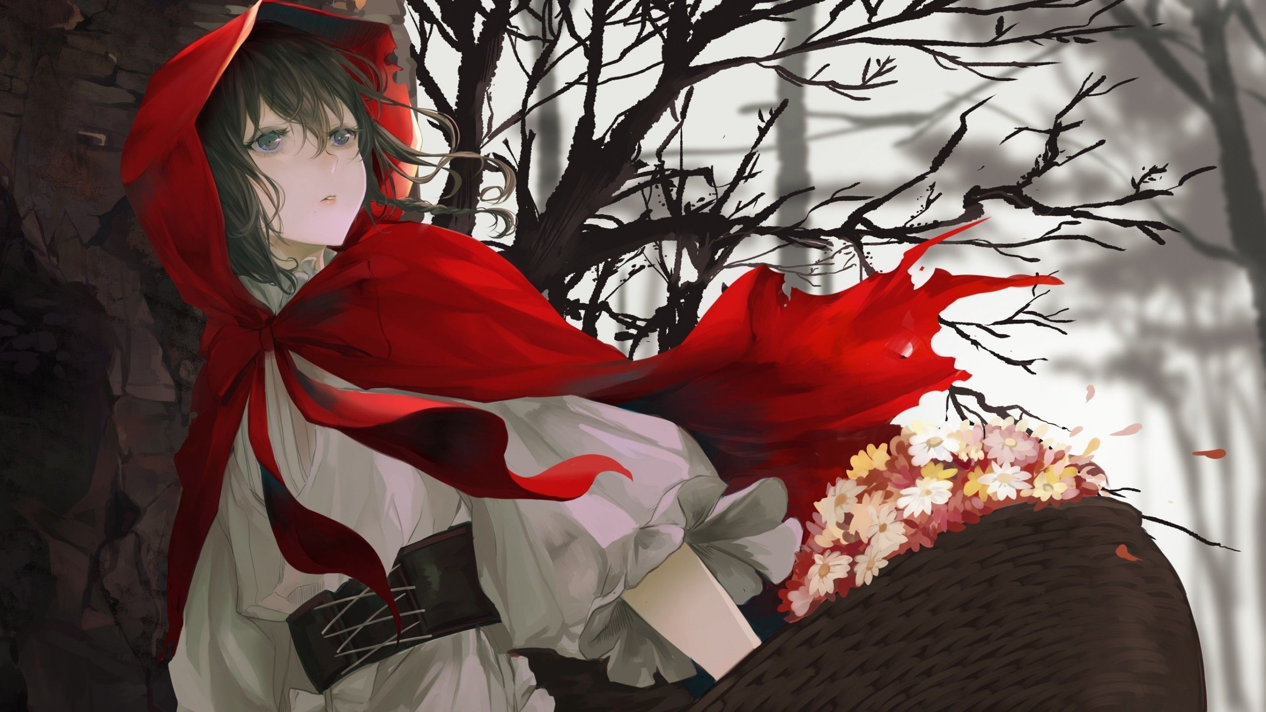 Download 2560x1440 Little Red Riding Hood, Anime Girl, Flowers
