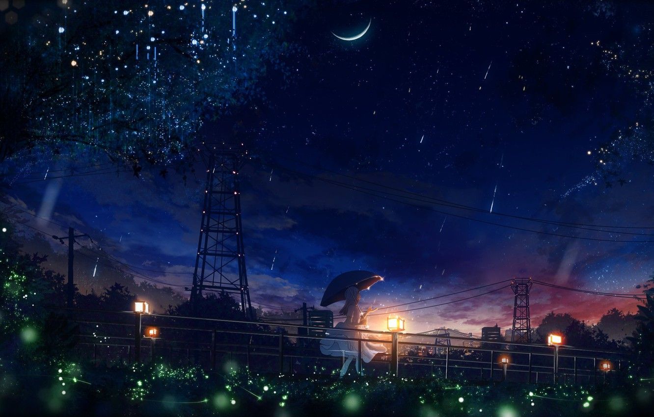 Wallpaper fireflies, wire, Power lines, lights, girl, walk, new moon, starry sky, Starfall, under the umbrella, summer night image for desktop, section арт