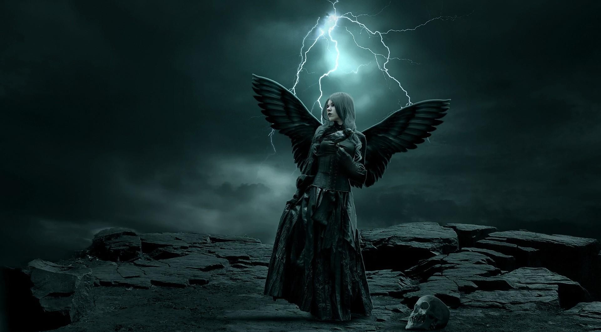 Dark horror gothic angel women skull cg digital art lightning