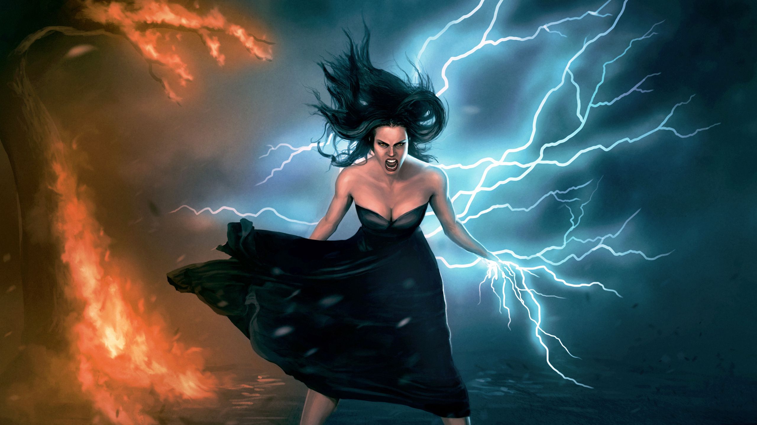 Desktop Wallpaper Magic Warriors Lightning female Fantasy 2560x1440