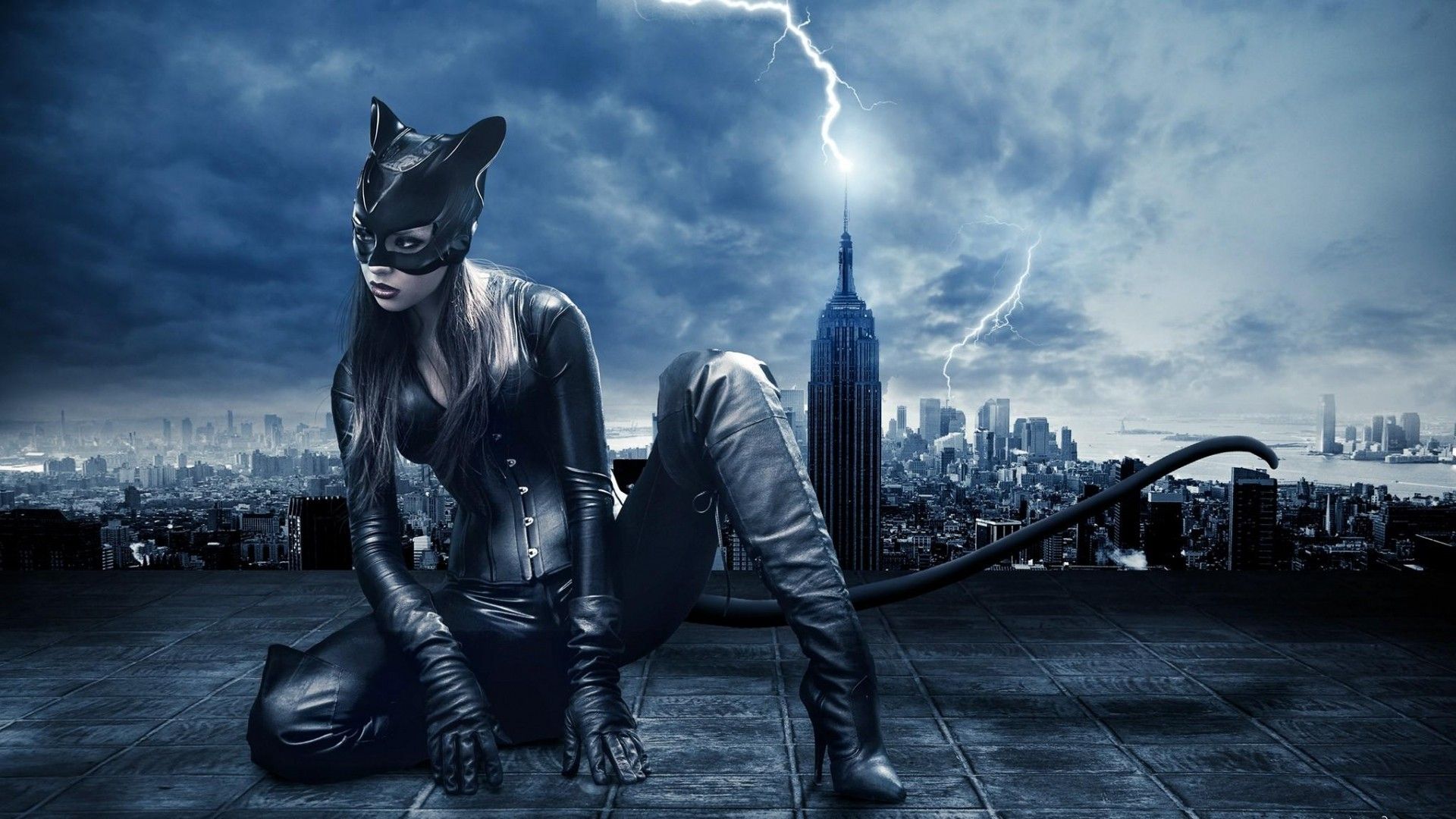 #mask, #women, #Catwoman, #lightning, #skyscraper