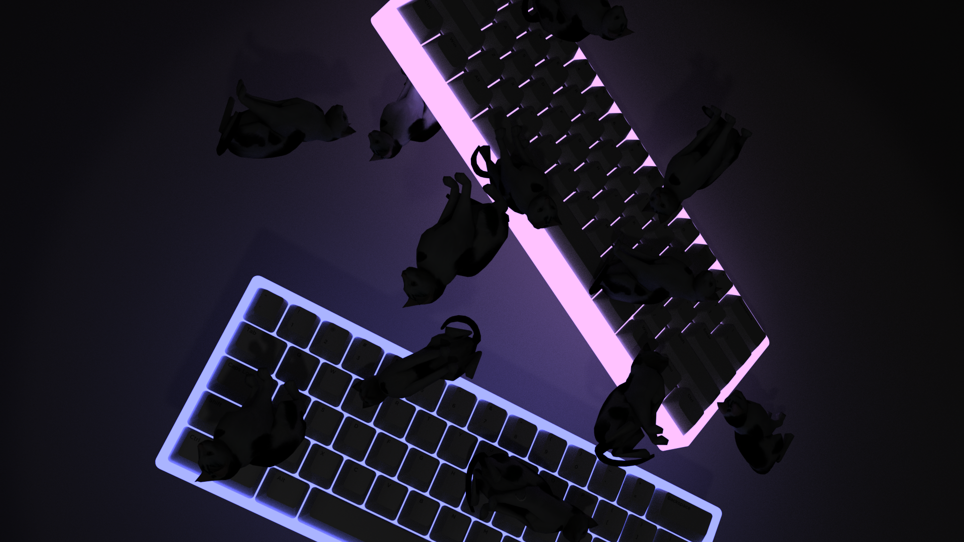 60% Keyboards falling with cats 4k aesthetic wallpaper
