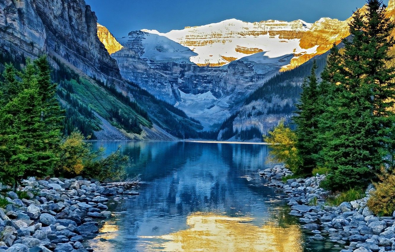 Wallpaper trees, mountains, lake, stones, Canada, channel, Banff National Park, Alberta, Lake Louise, Canada, Banff image for desktop, section пейзажи