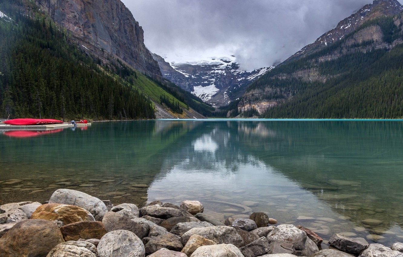 Wallpaper forest, clouds, trees, mountains, lake, stones, rocks, boats, pier, Banff National Park, Alberta, Lake Louise, Canada image for desktop, section пейзажи