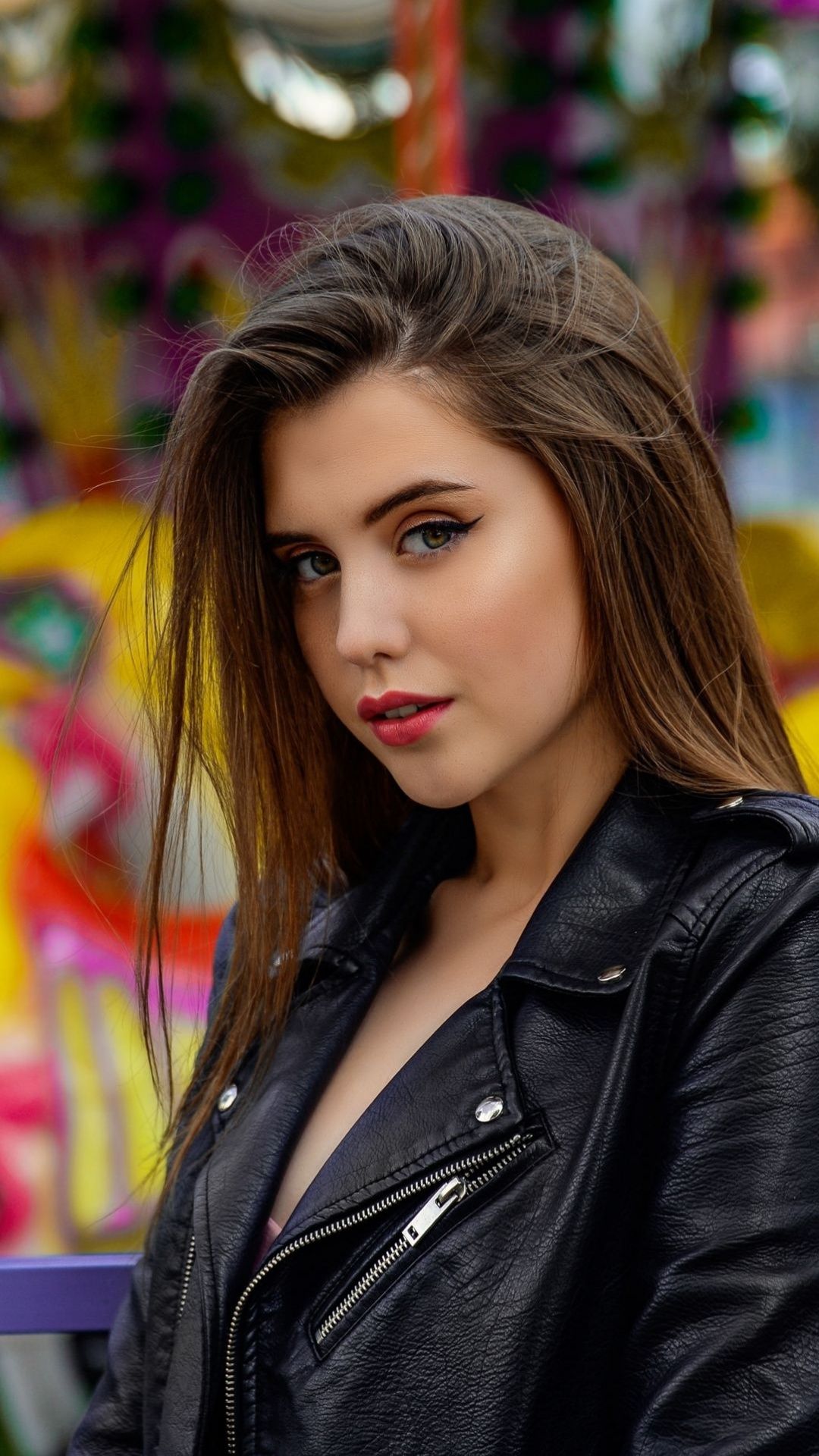 Leather jacket, girl model, pink lips, blonde, 1080x1920 wallpaper