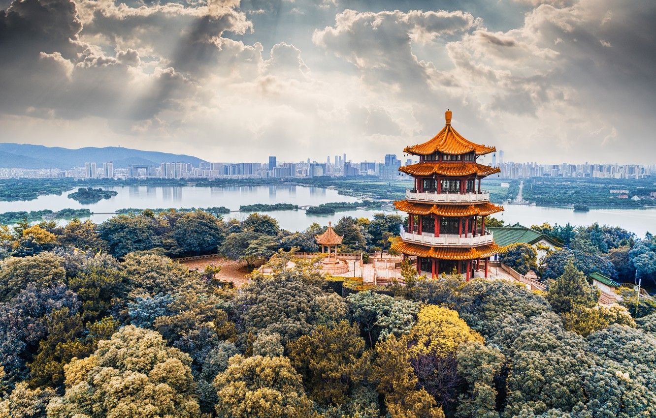 Wallpaper the sky, clouds, trees, China, China, architecture