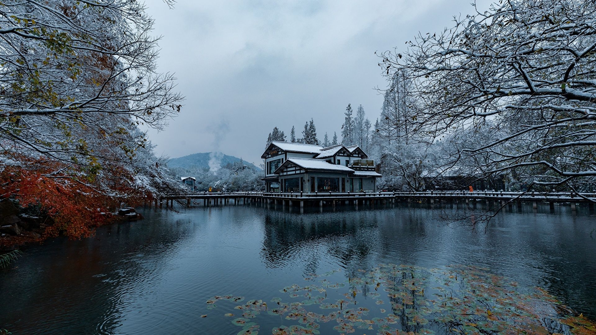 Picture China Hangzhou Winter Snow Lake Parks Houses 1920x1080