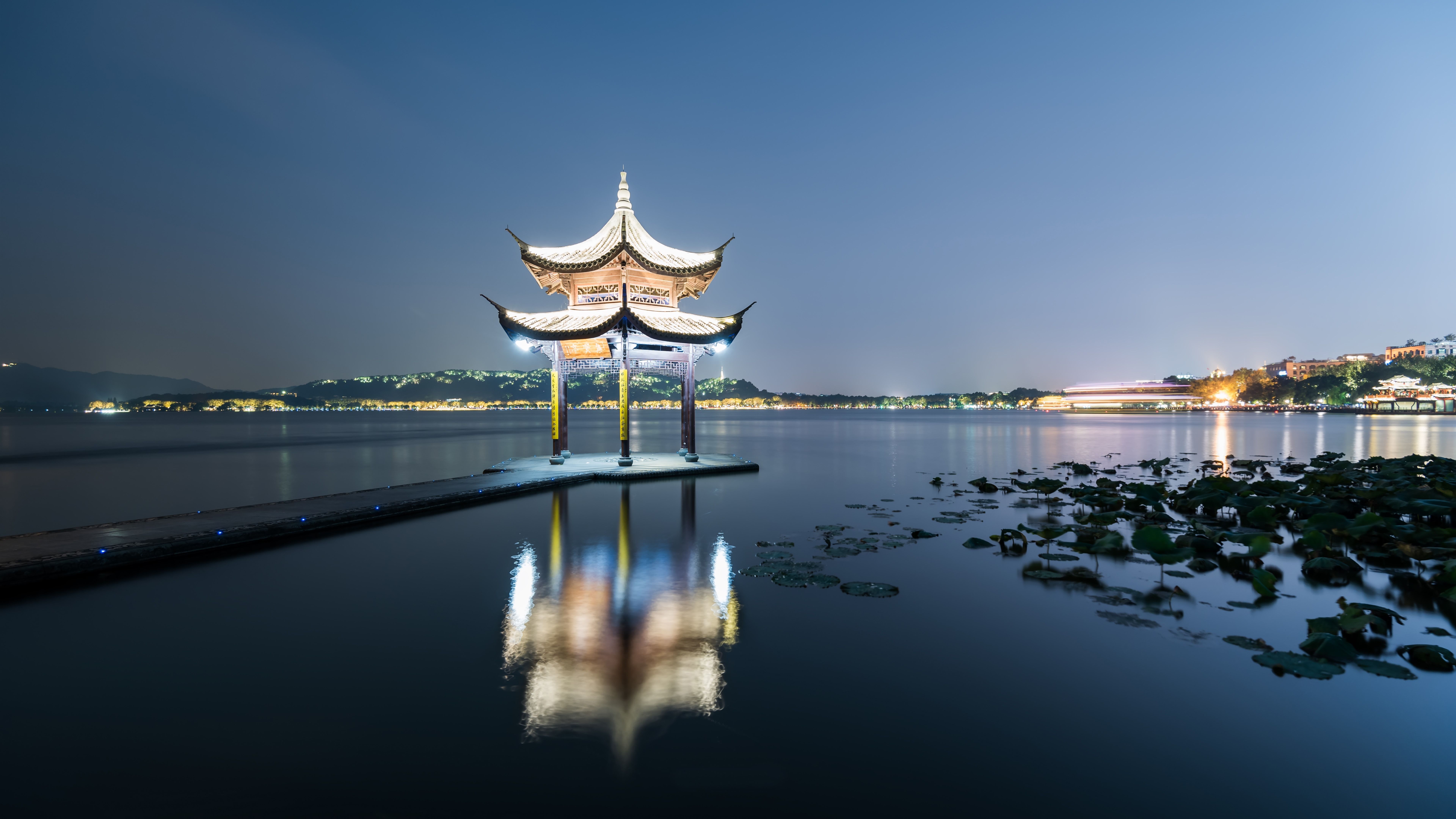 Wallpaper Jixian Pavilion, West Lake, Hangzhou, night, lighting