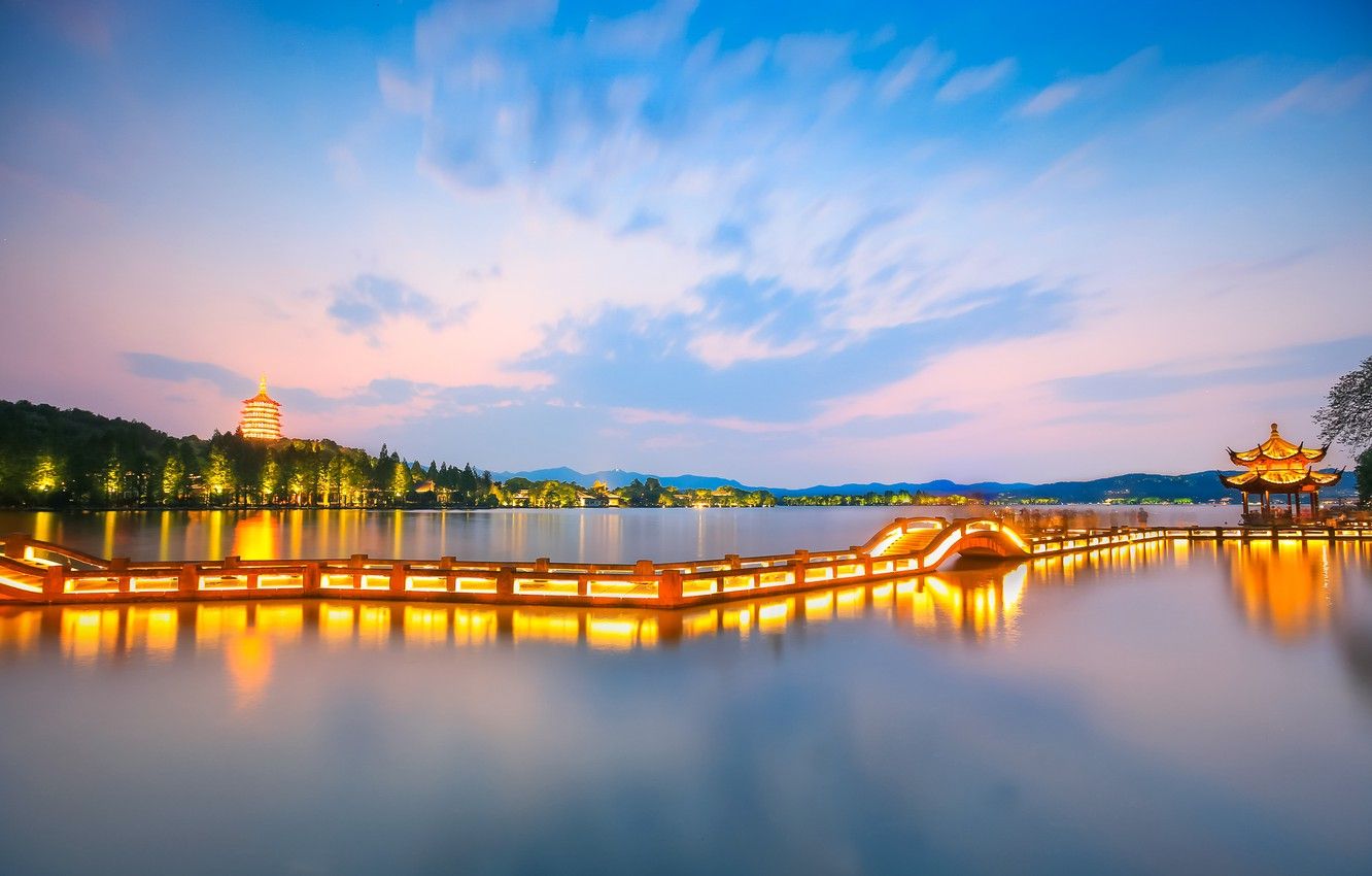 Wallpaper city, lights, China, twilight, sky, bridge, water