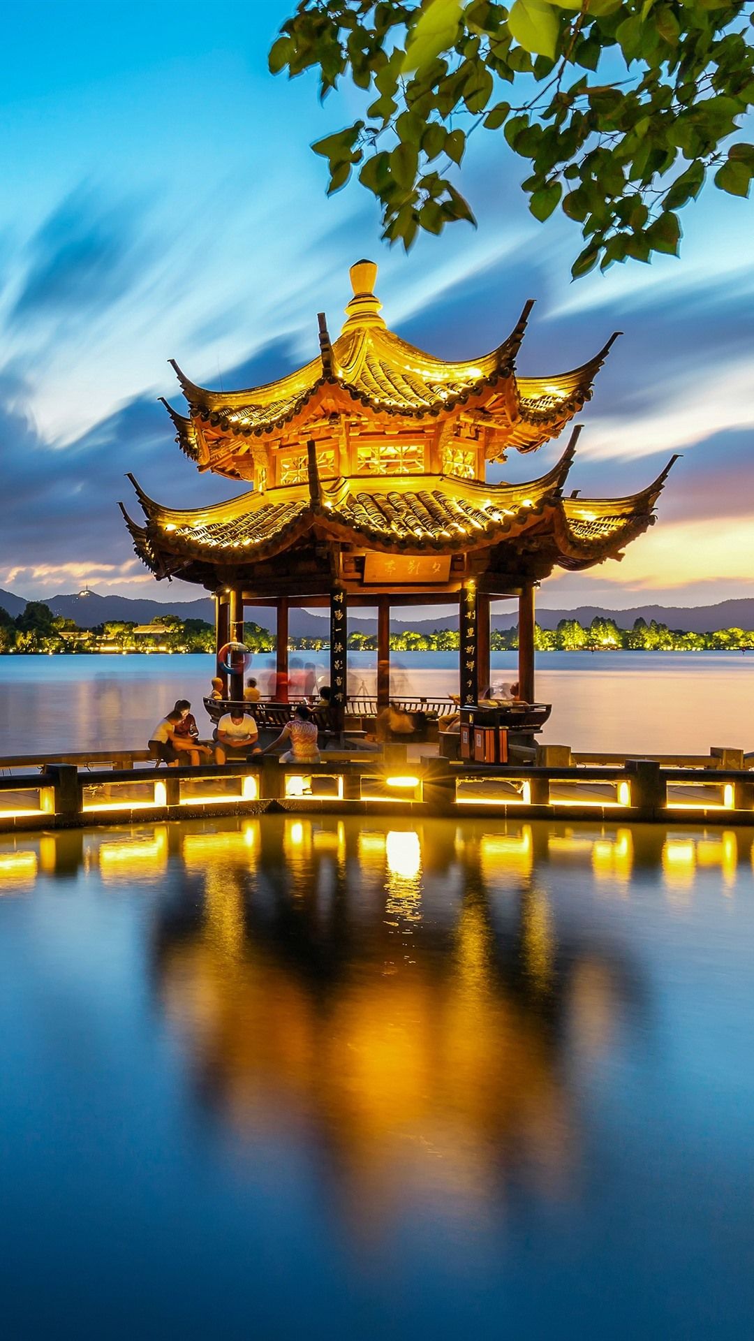 Hangzhou, Xiying Pavilion, lake, park, night, lights, China