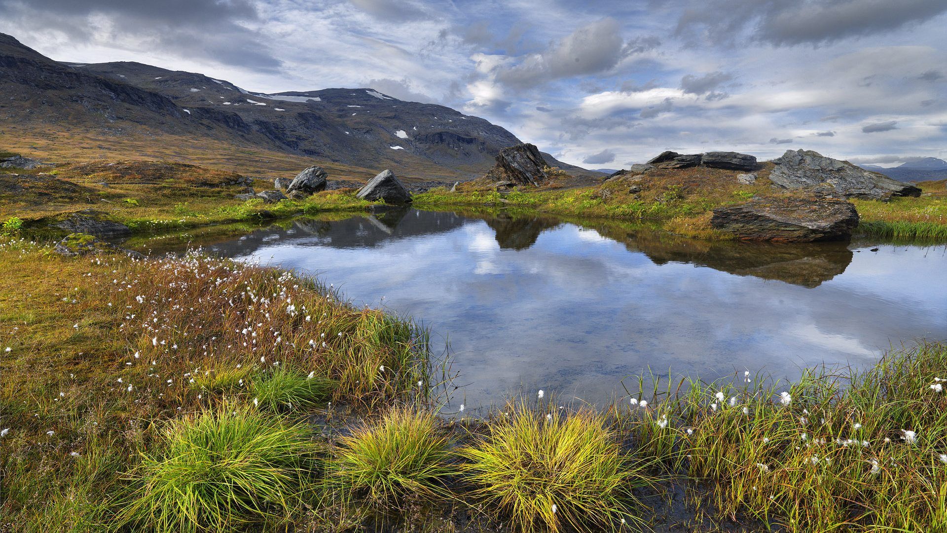 Autumn Landscape Sweden Small Mountain Lake Yellowed Grass Sky