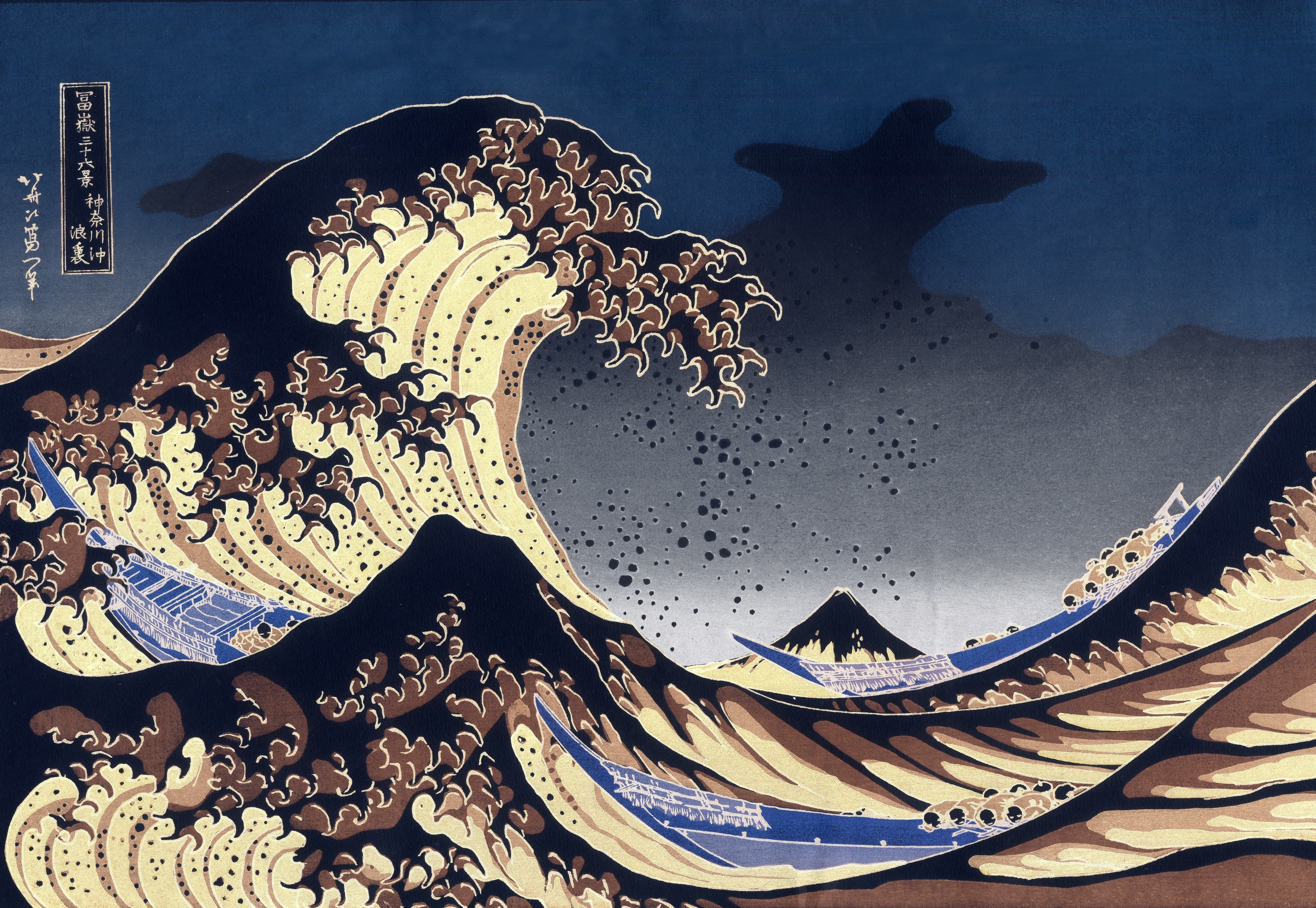 Japan, paintings, waves, boats, vehicles, The Great Wave