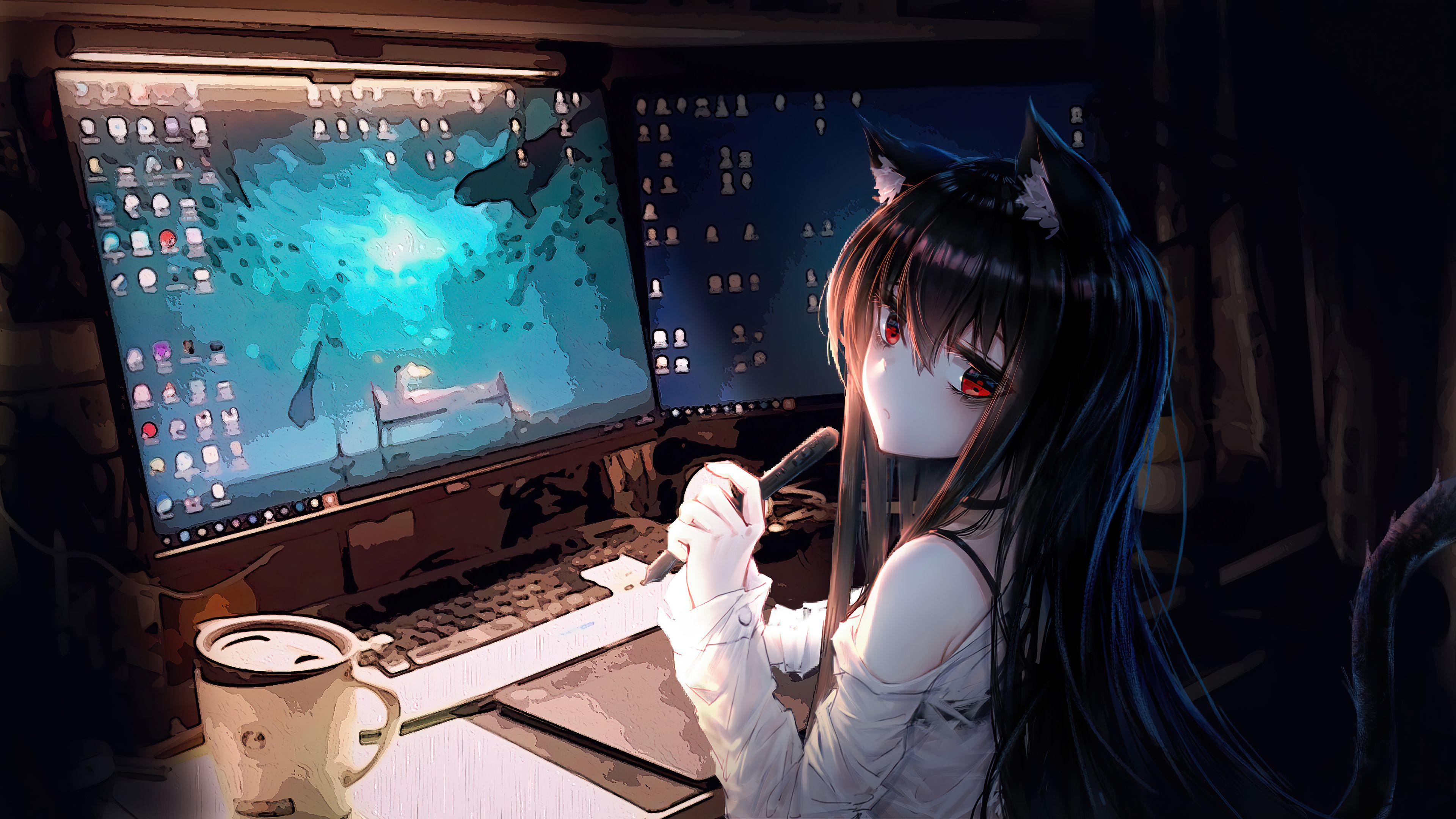 Anime, Girl, Computer, Desktop, 4K wallpaper HD Wallpaper