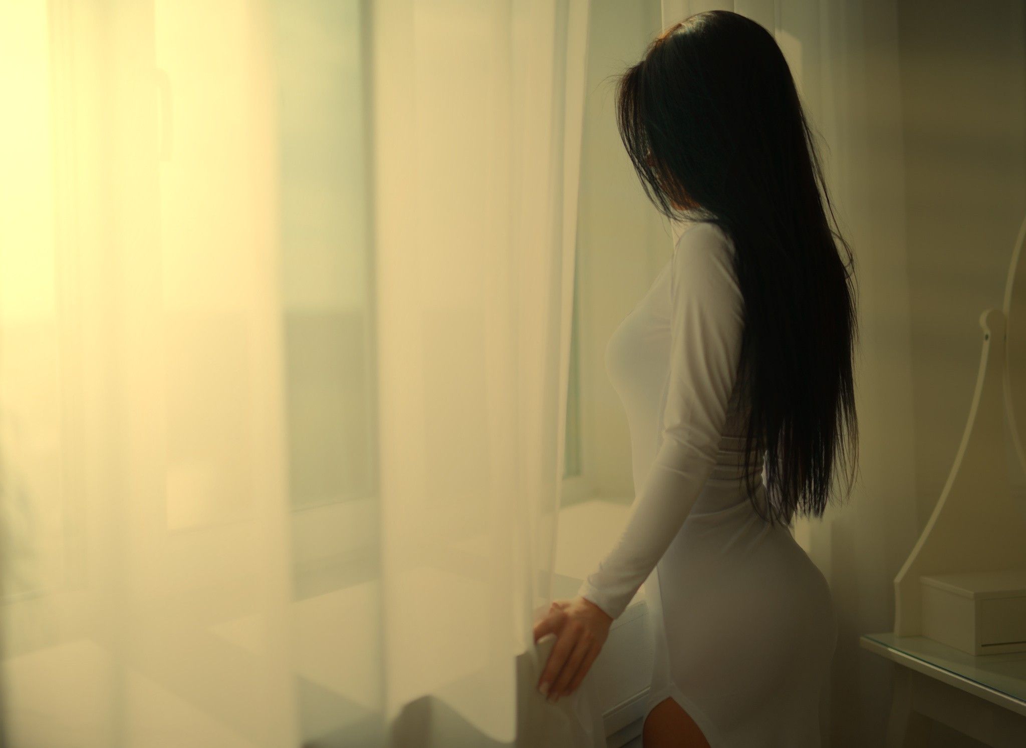 #long hair, #white dress, #window, #black hair, #women