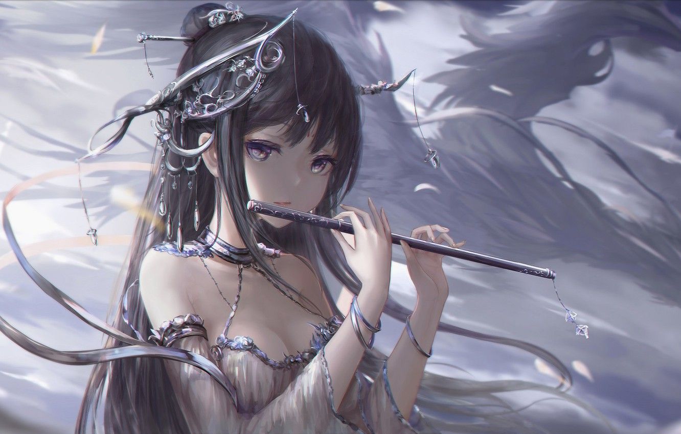 Wallpaper the sky, tape, girl, neckline, priestess, flute, Phoenix