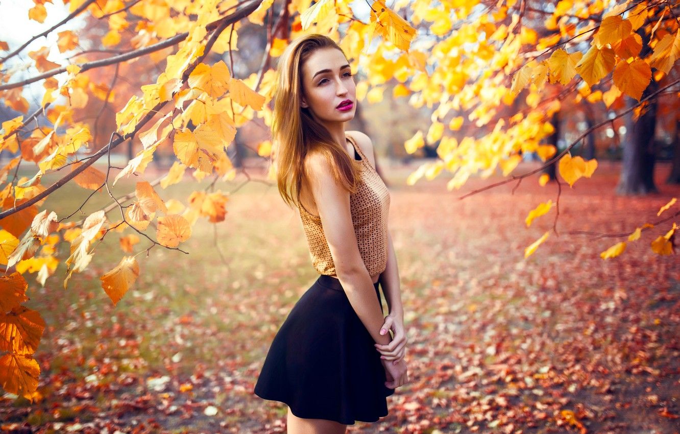 Wallpaper Girl, Fall, Beautiful, Model, Tree, Autumn, Beauty, Woman, Fashion, Portrait, Leaves, Outdoor, Skirt, Ambient, Exterior, Daylight image for desktop, section девушки
