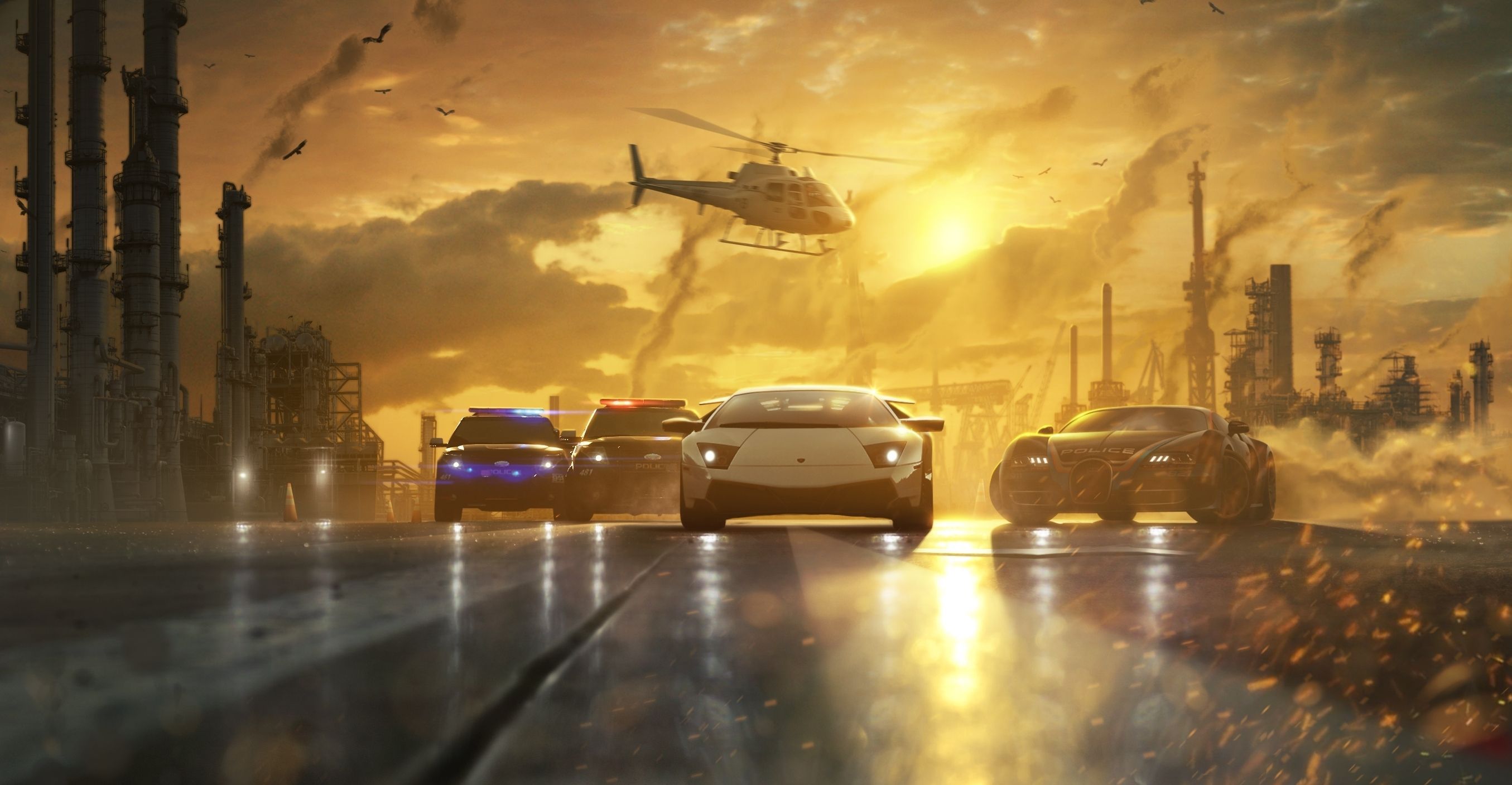 Art, machinery, race, Chase, police, road, helicopter, sunset