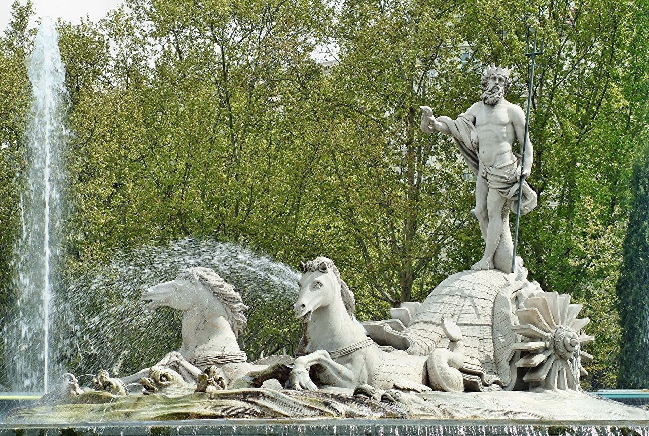 Desktop Wallpaper Madrid Horses Crown Spain Man Fountains Neptune