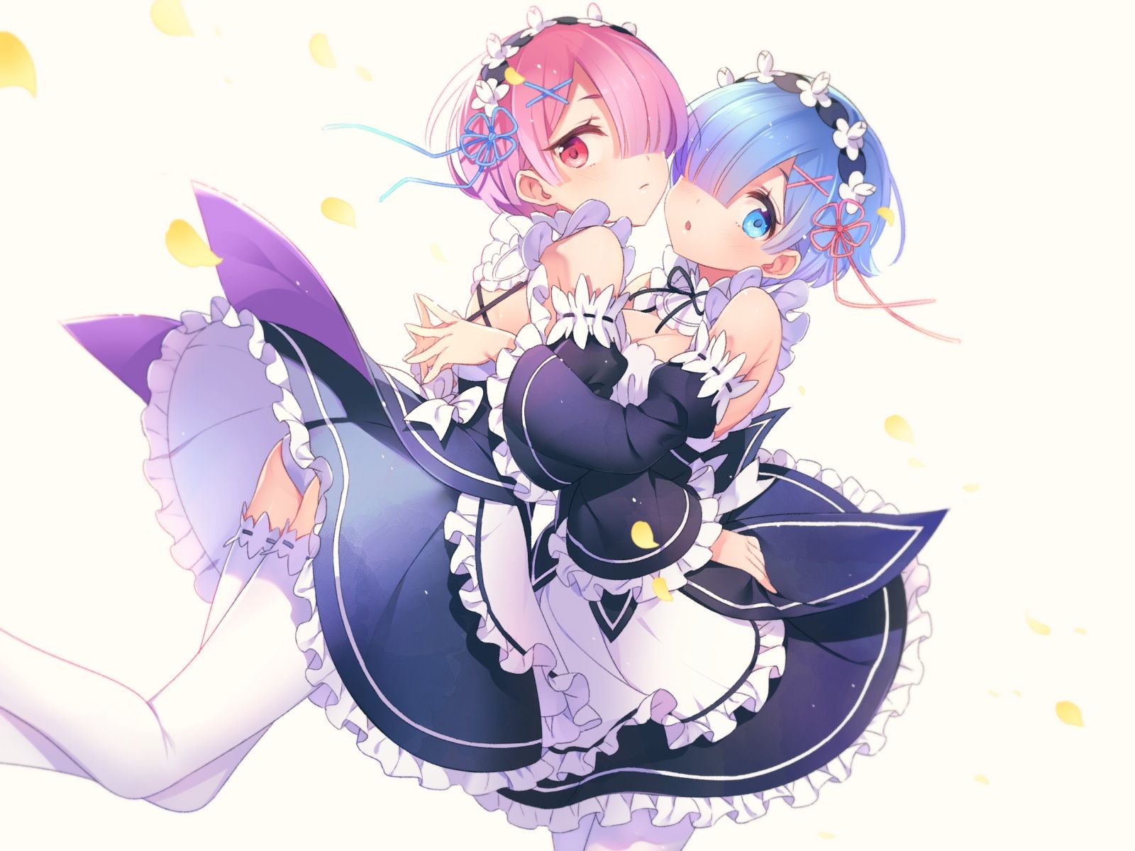 2girls apron aqua eyes aqua hair breasts headdress maid miya ete