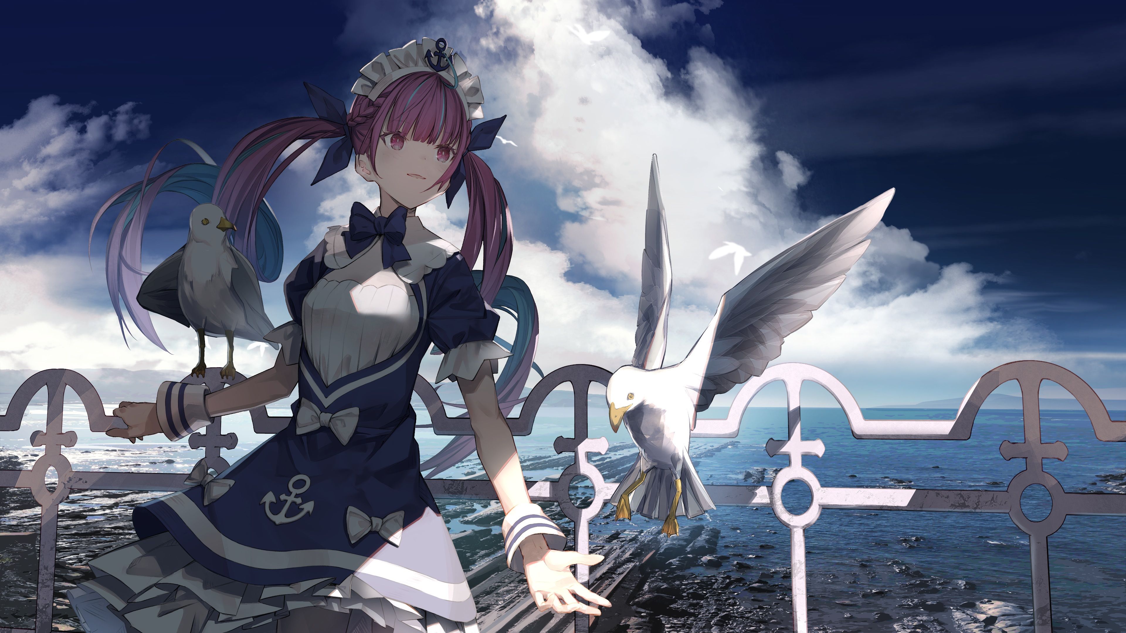 animal bird blue hair clouds hololive long hair minato aqua miya