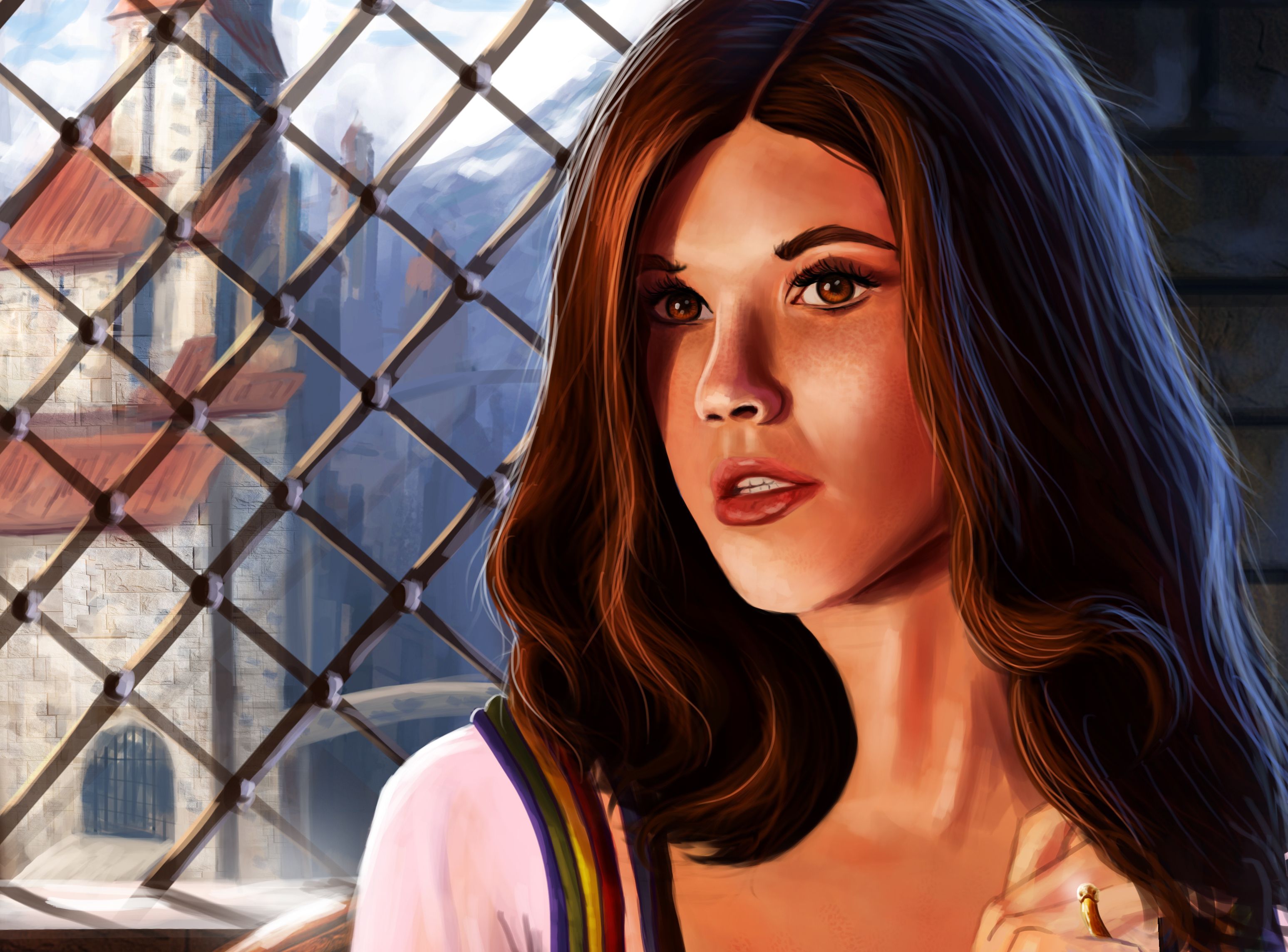 Desktop Wallpaper Brown haired Hair Girls Fence Painting 3095x2288