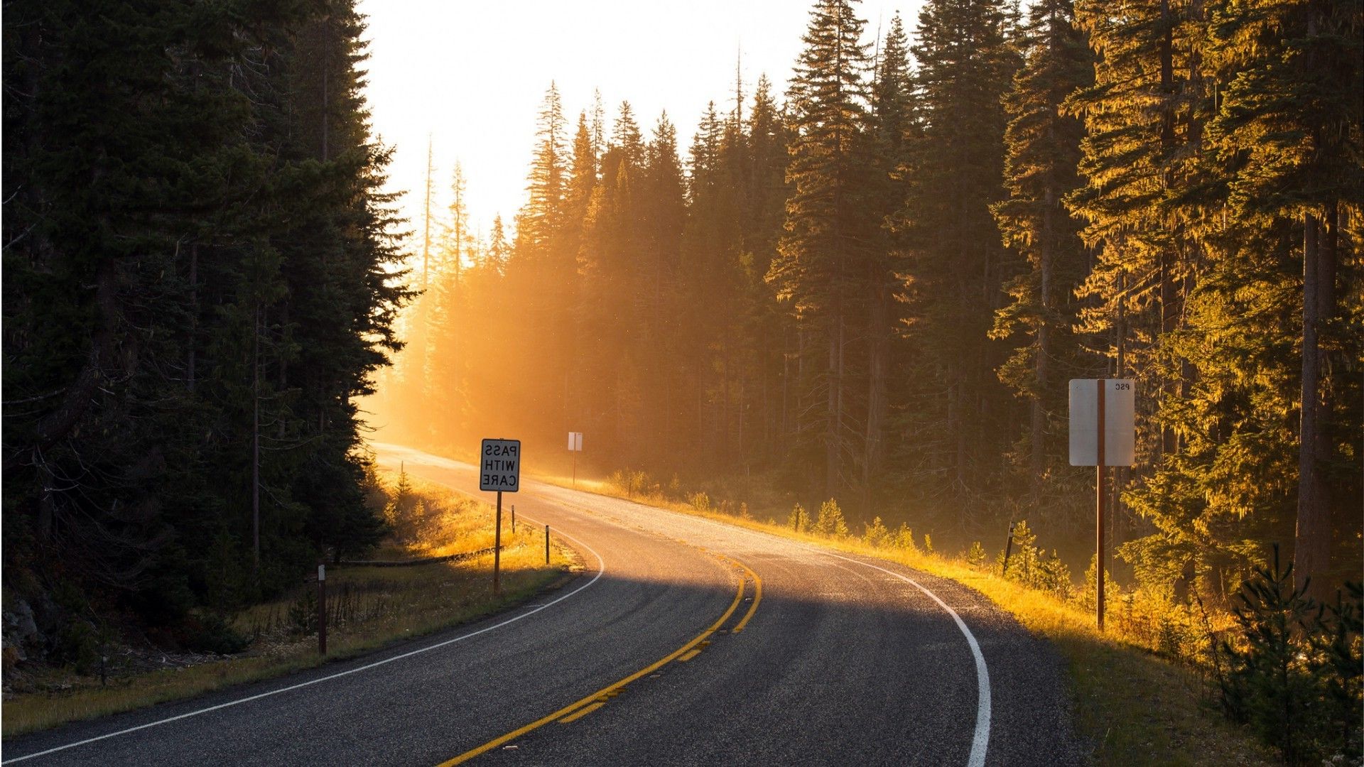 road, Sunset, Landscape, Sunlight, Trees, Traffic Signs Wallpaper