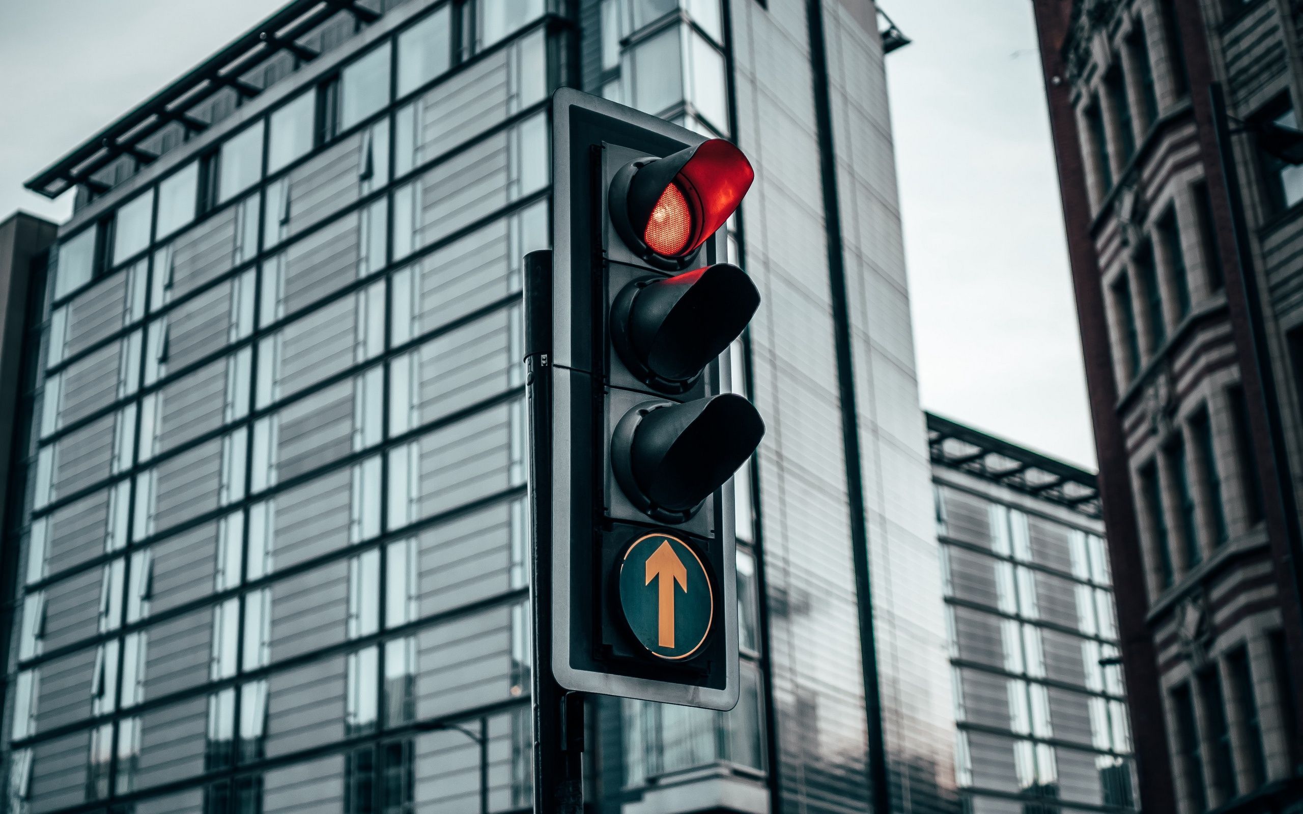 Download wallpaper traffic lights, red light, modern buildings