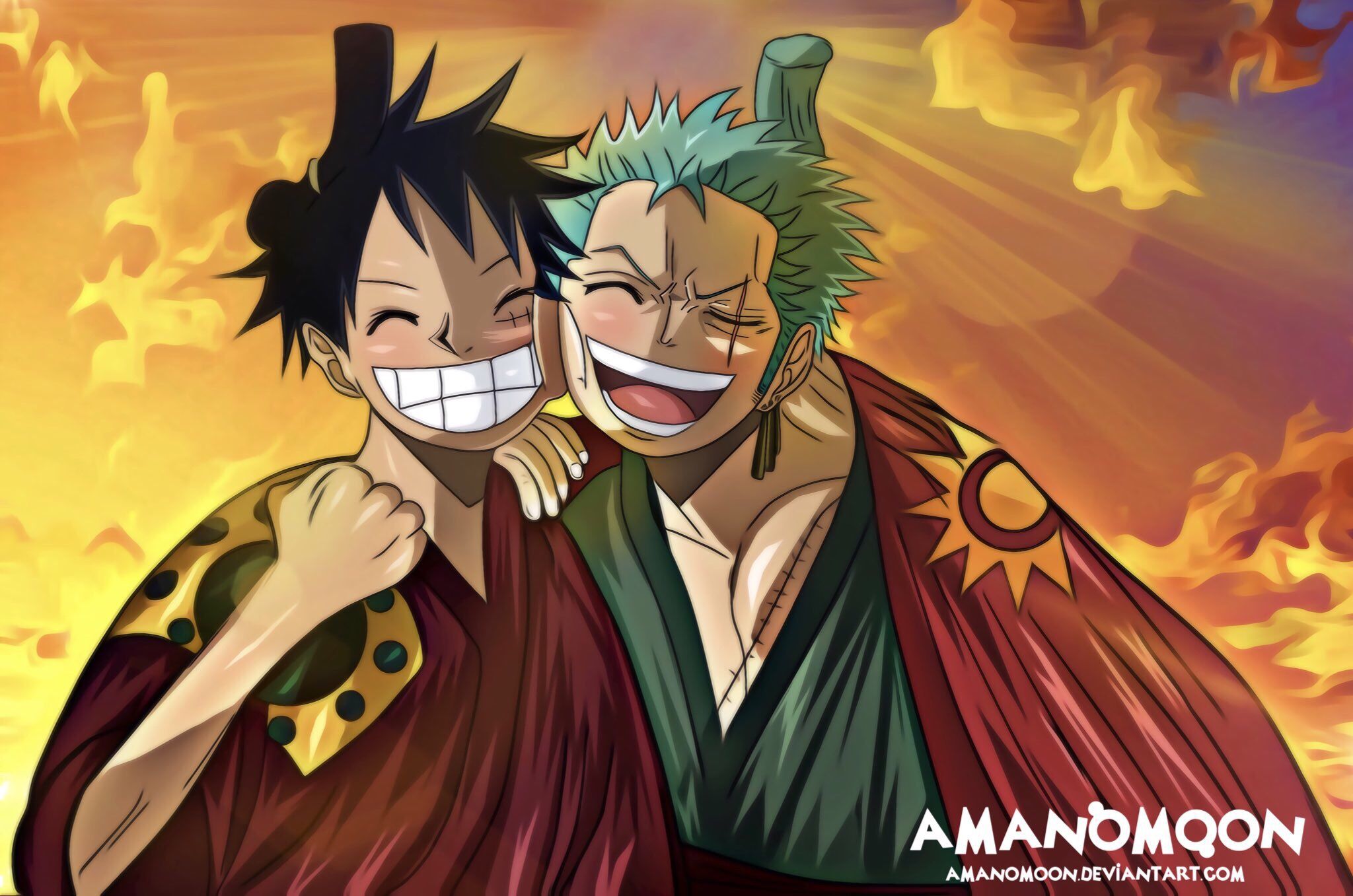 Zoro full body 4k hd with effect dark fire with luffy with smile