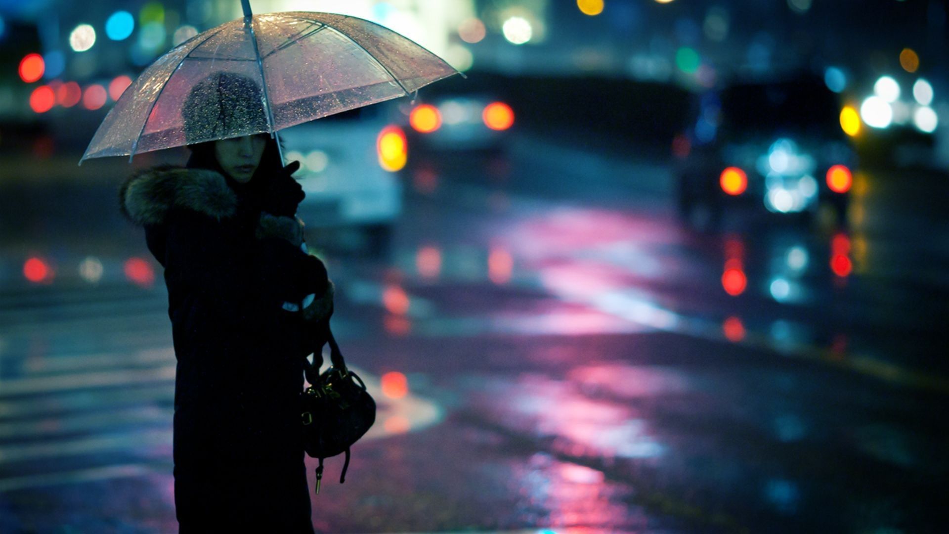 Women Cityscapes Rain Outdoors Traffic Lights Bokeh Umbrellas