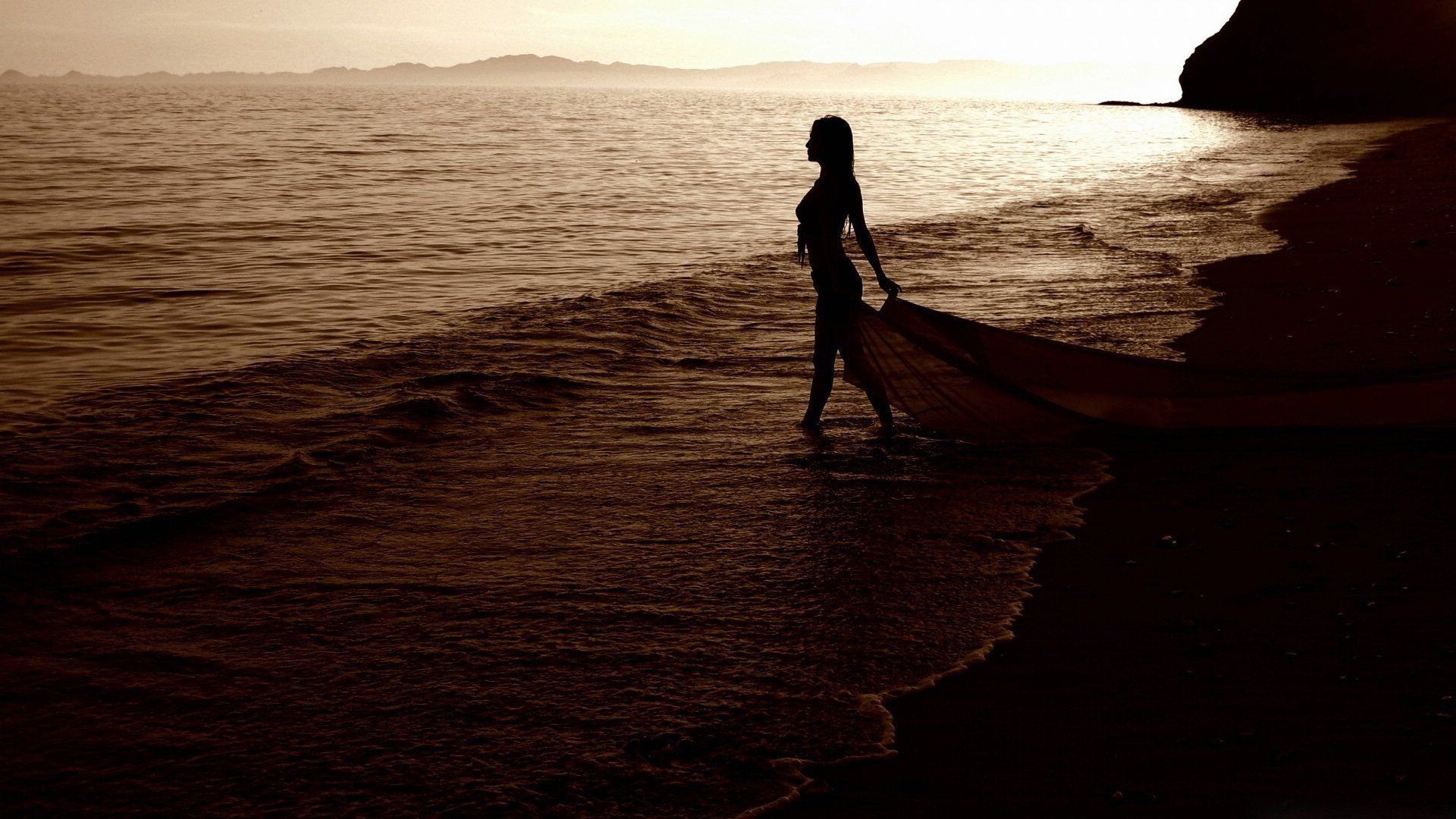 Women water ocean silhouettes sepia sea wallpaperx1080