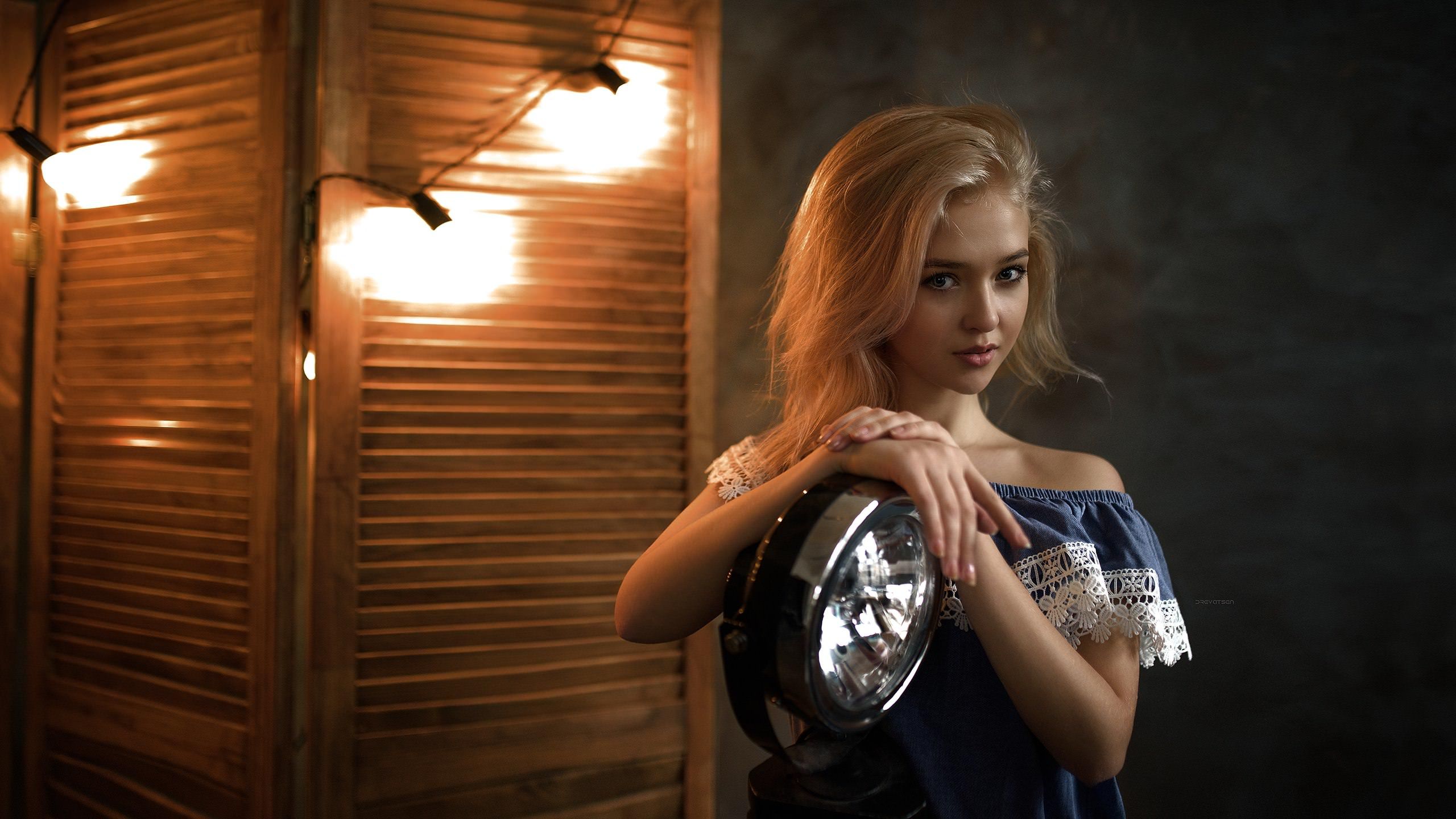 #women, #light bulb, #blue dress, #portrait, #blonde