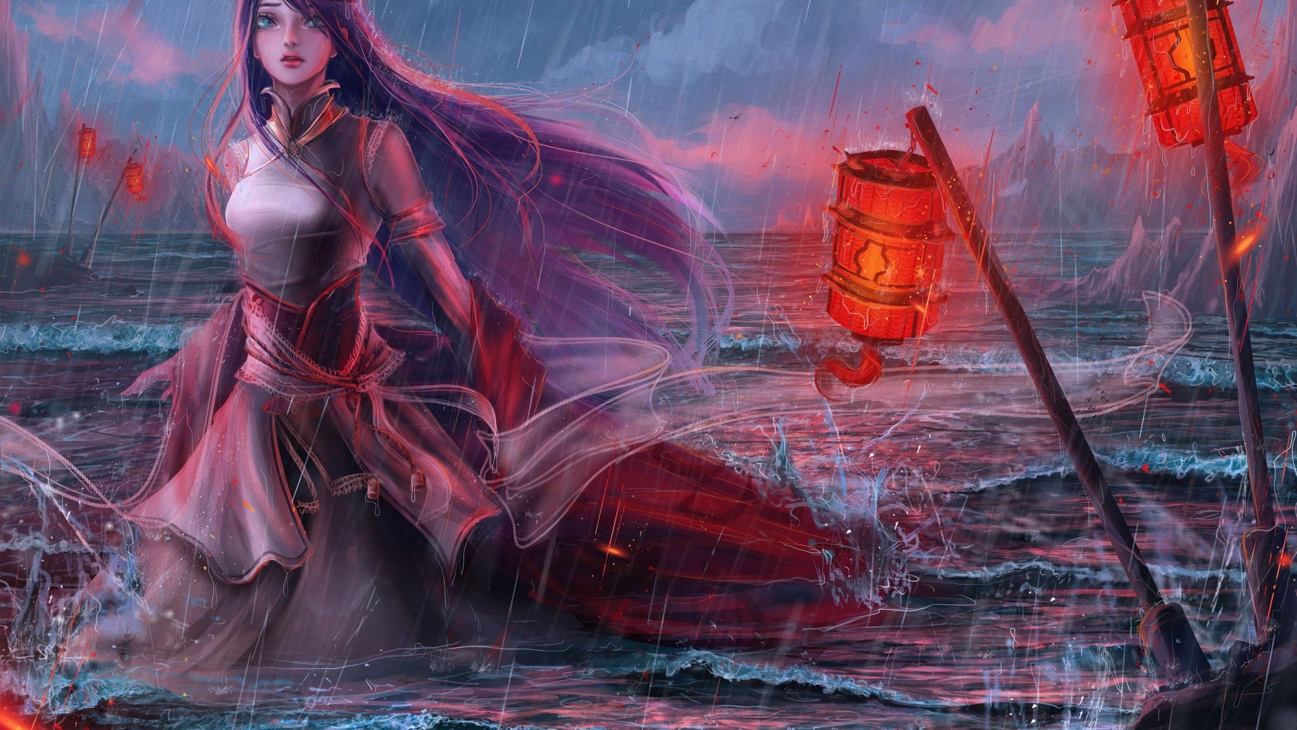 Download 2560x1440 Fantasy Women, Ocean, Waves, Raining, Asian Clothes, Storm Wallpaper for iMac 27 inch